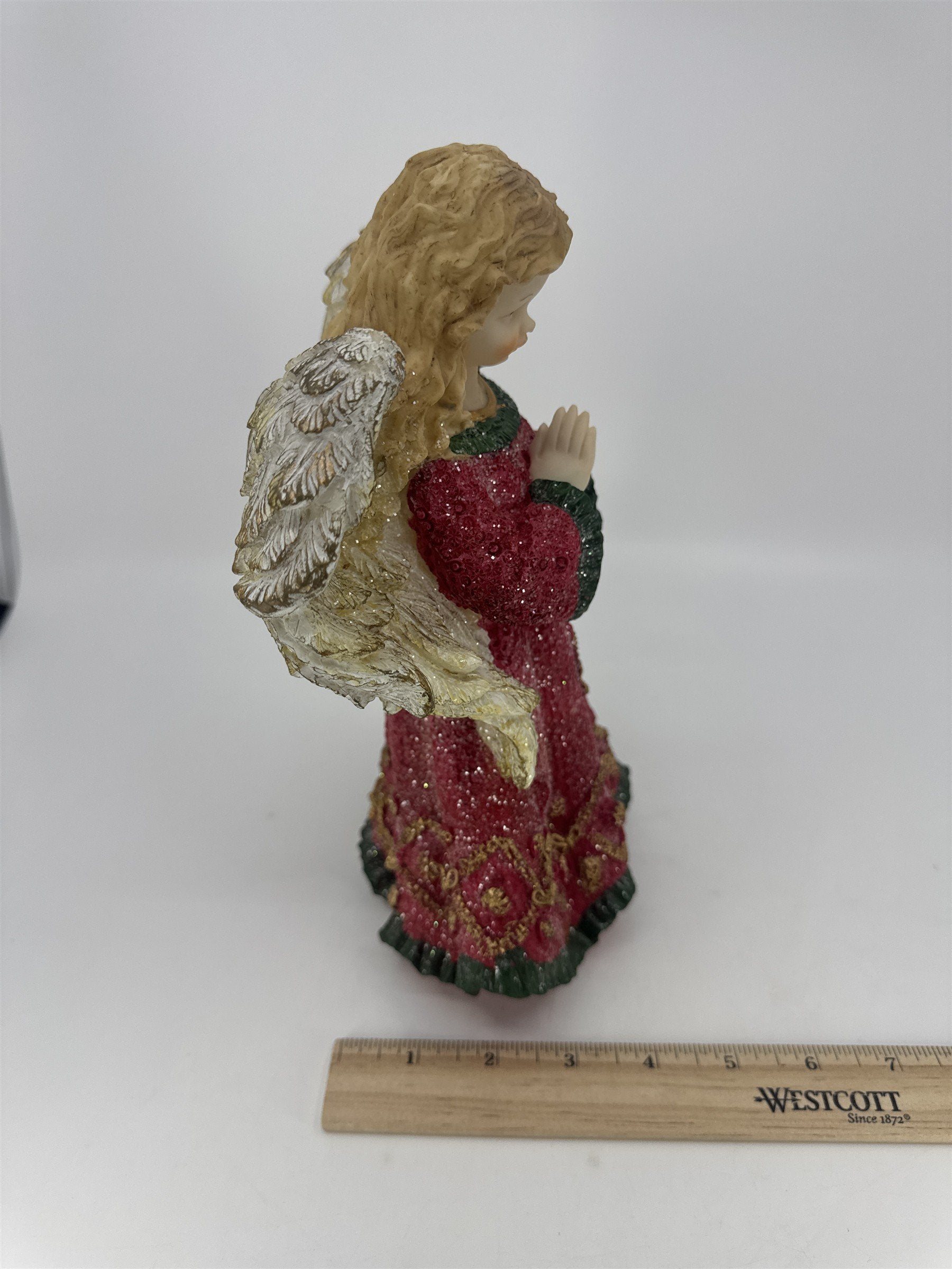 Christmas Praying Angel Resin Figurine W/ Red And Green Glittery Dress