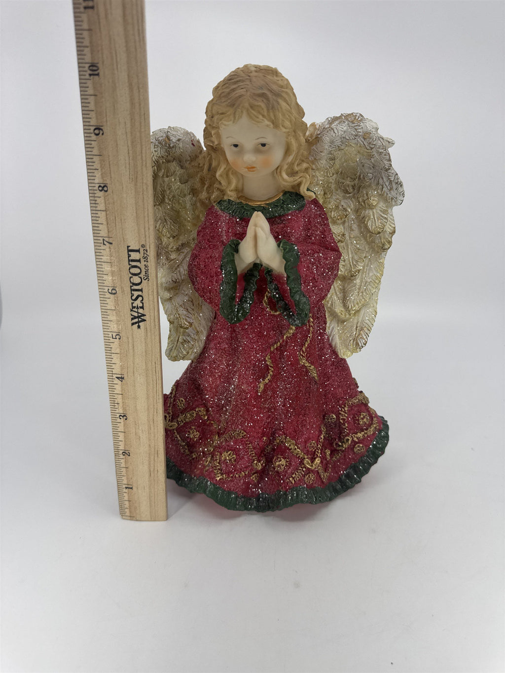Christmas Praying Angel Resin Figurine W/ Red And Green Glittery Dress