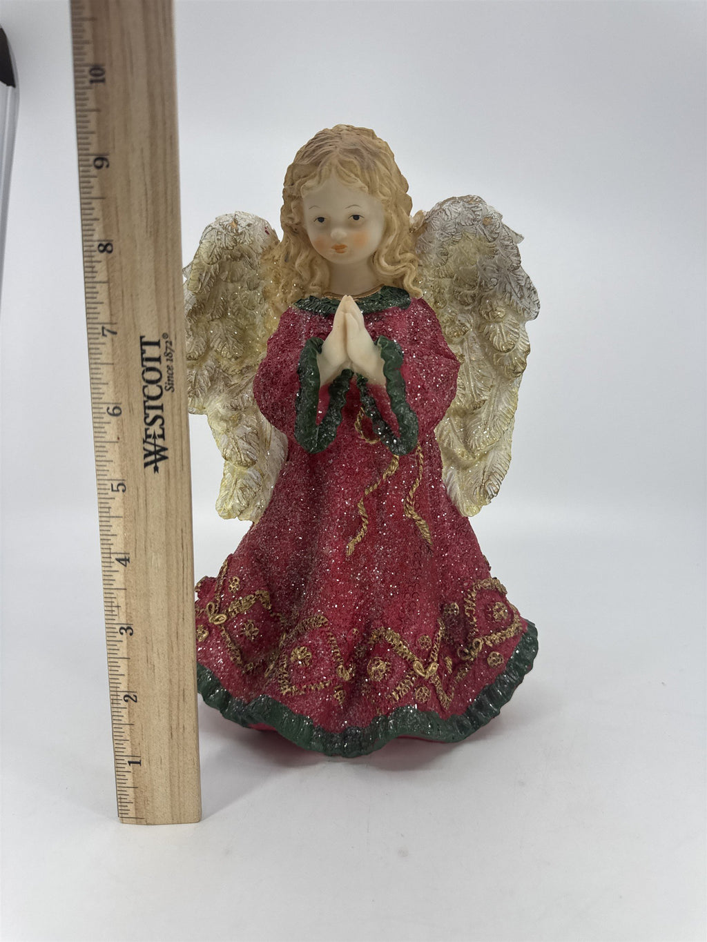 Christmas Praying Angel Resin Figurine W/ Red And Green Glittery Dress