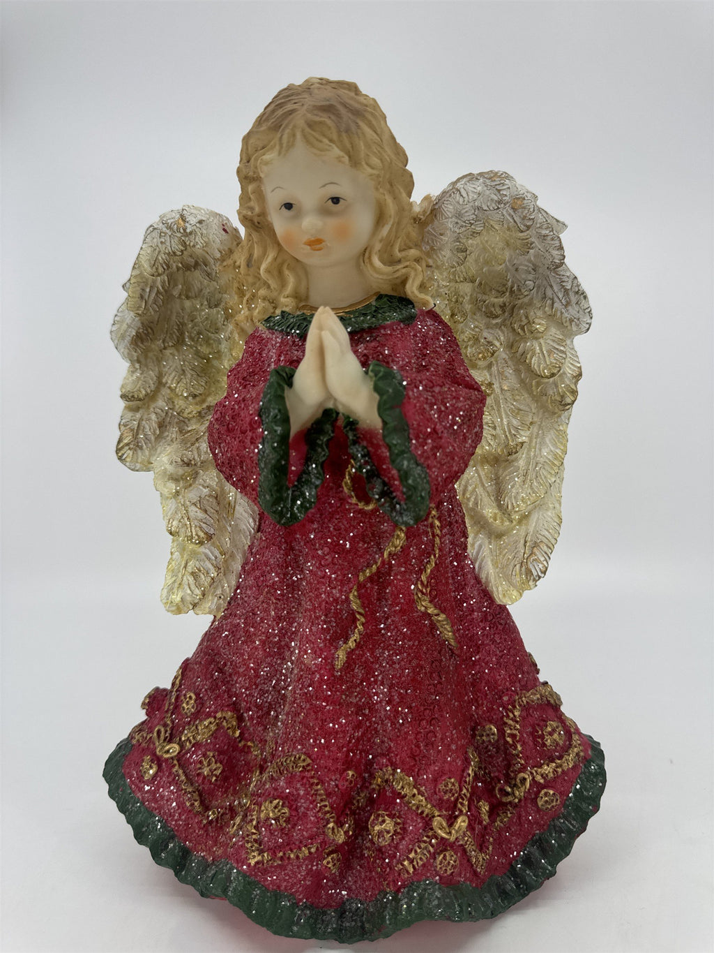 Christmas Praying Angel Resin Figurine W/ Red And Green Glittery Dress