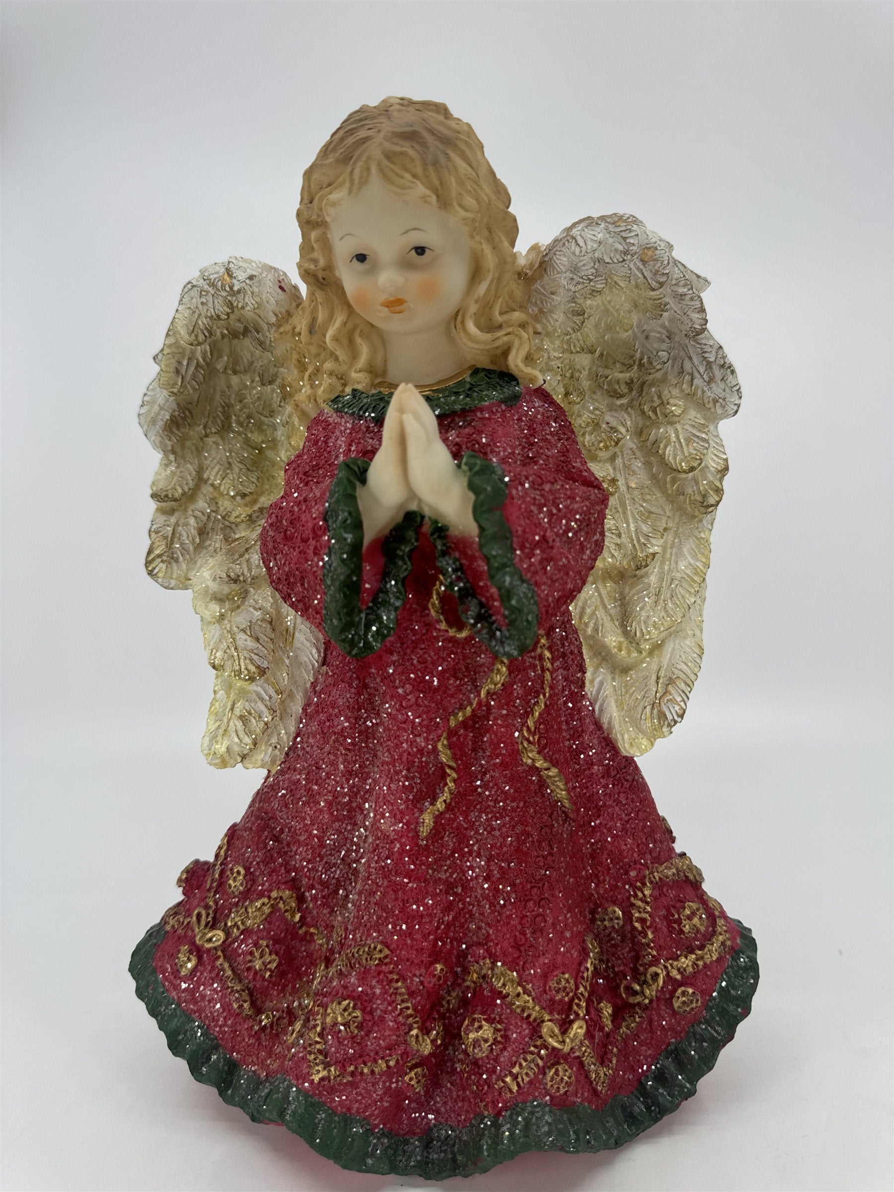 Christmas Praying Angel Resin Figurine W/ Red And Green Glittery Dress