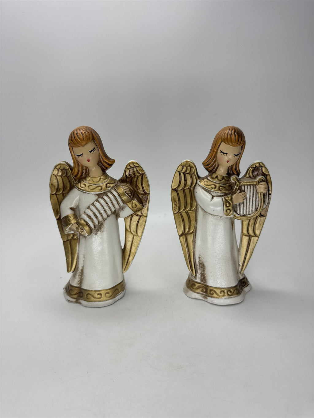 SET 2 MCM Angel Figurines Accordion Harp Ceramic White Gold Chipping on Bottom