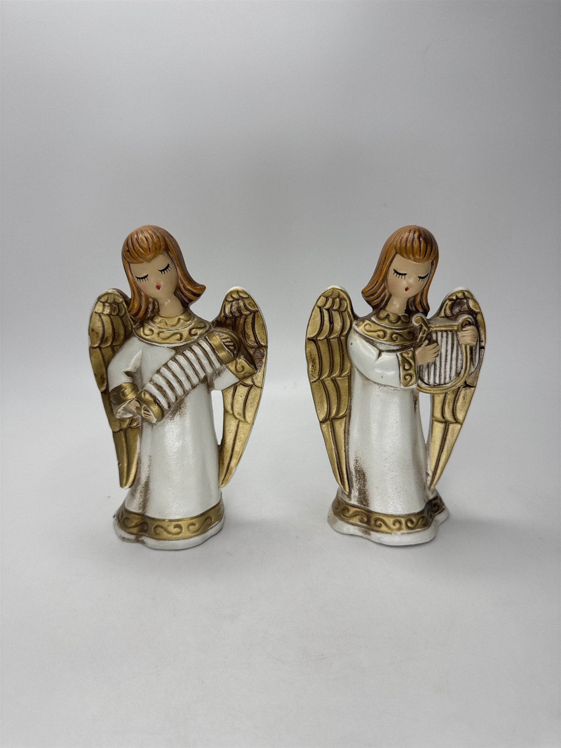 SET 2 MCM Angel Figurines Accordion Harp Ceramic White Gold Chipping on Bottom