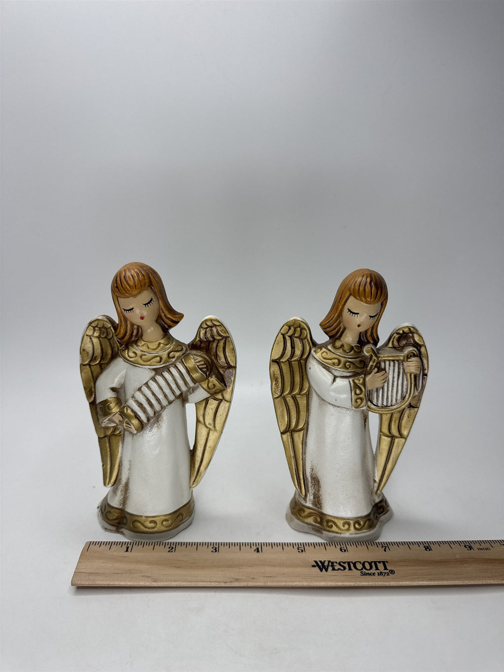 SET 2 MCM Angel Figurines Accordion Harp Ceramic White Gold Chipping on Bottom