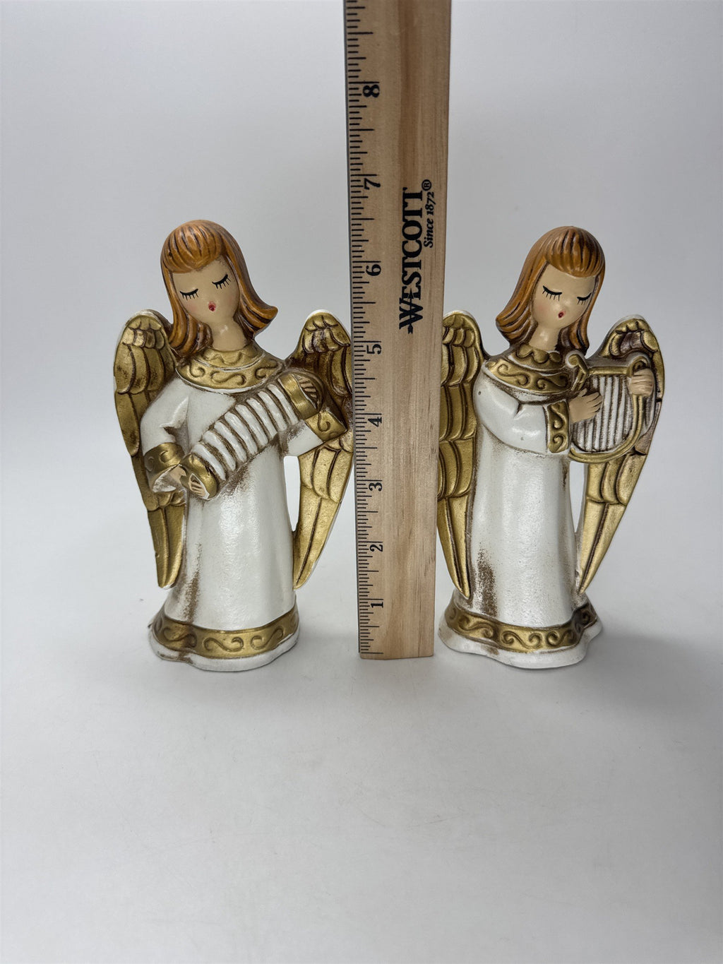 SET 2 MCM Angel Figurines Accordion Harp Ceramic White Gold Chipping on Bottom