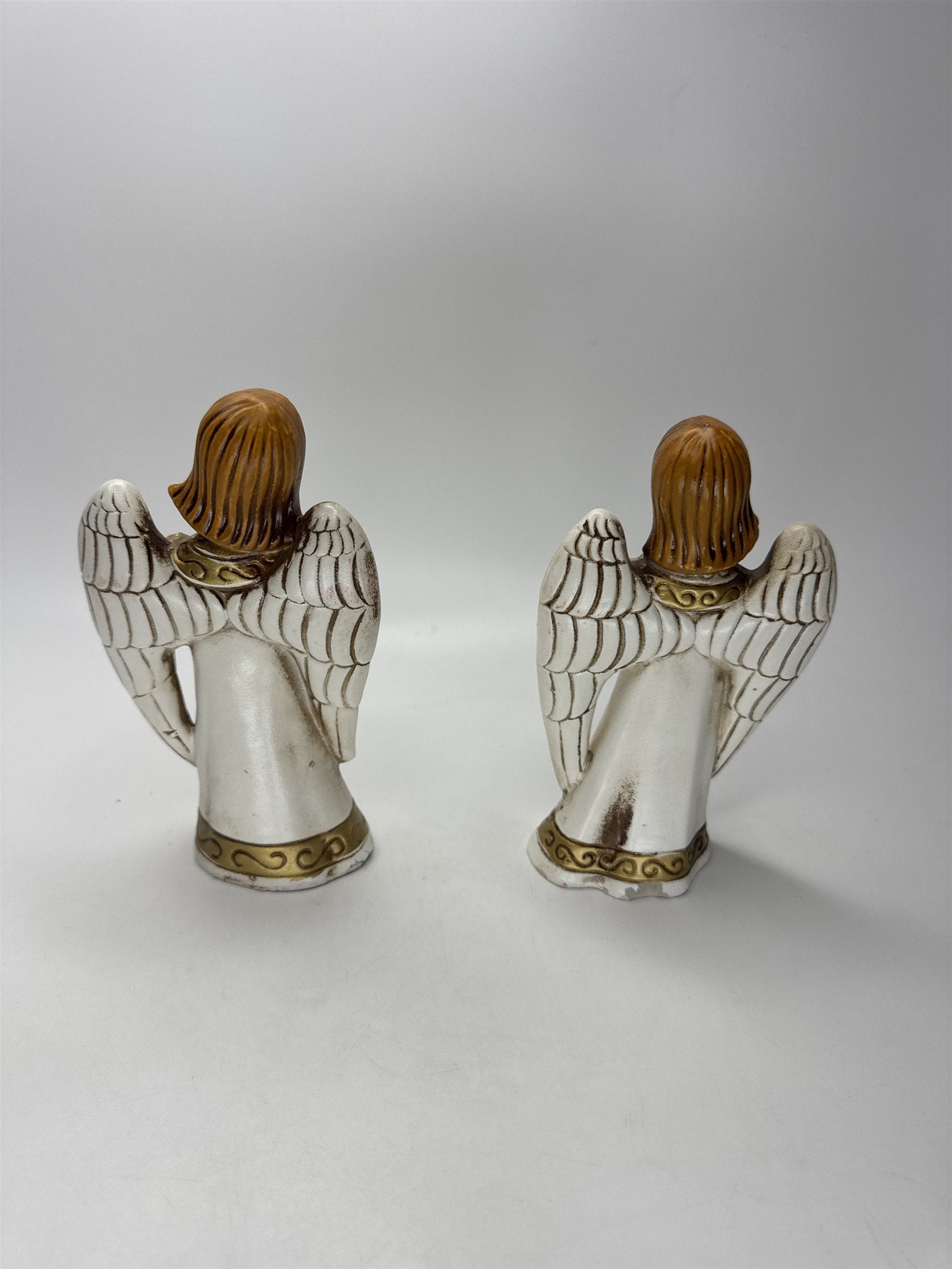 SET 2 MCM Angel Figurines Accordion Harp Ceramic White Gold Chipping on Bottom