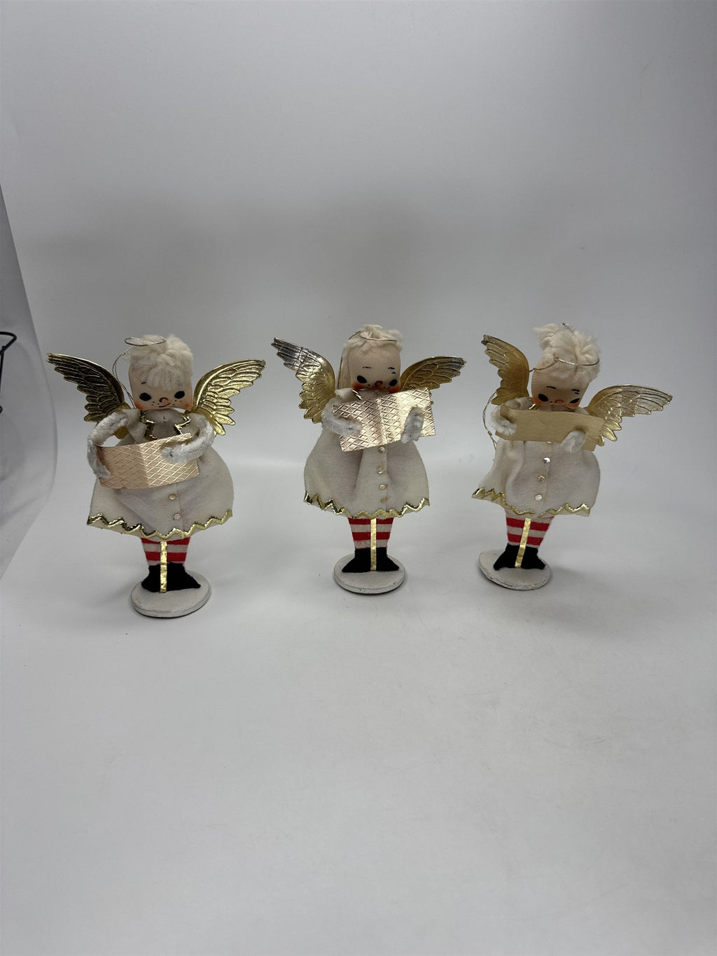 SET 3 Vintage Christmas Angel Ornaments Paper Felt Gold Wings Choir Figures