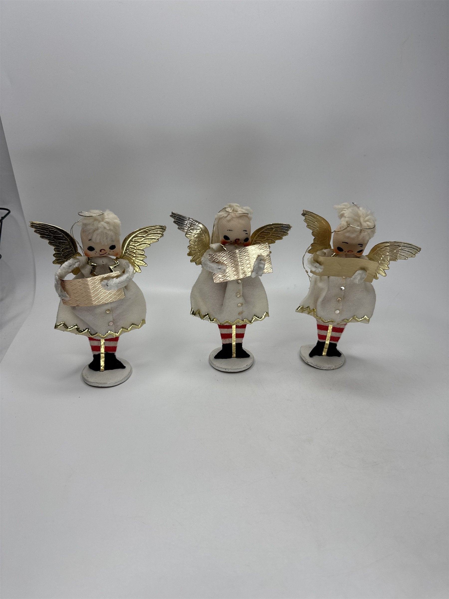 SET 3 Vintage Christmas Angel Ornaments Paper Felt Gold Wings Choir Figures