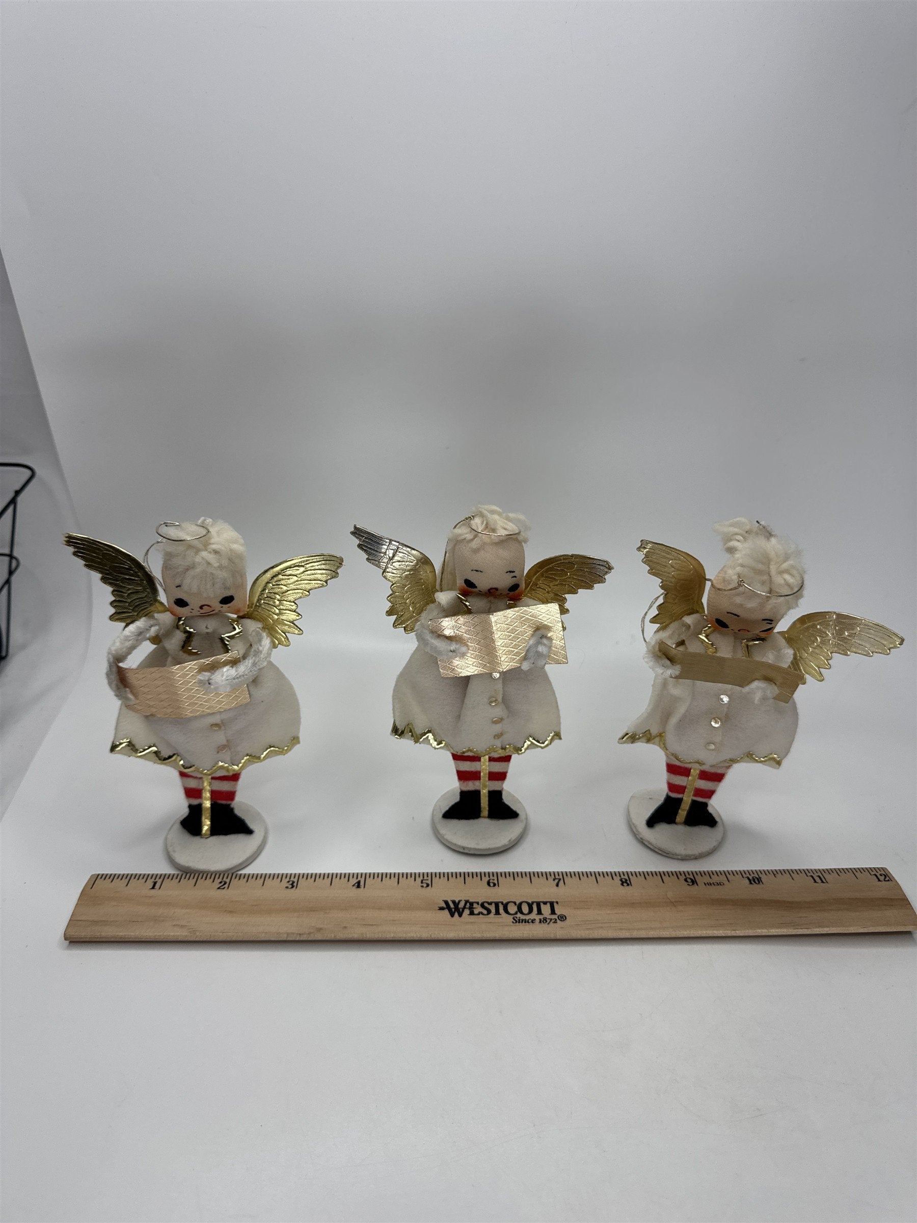 SET 3 Vintage Christmas Angel Ornaments Paper Felt Gold Wings Choir Figures