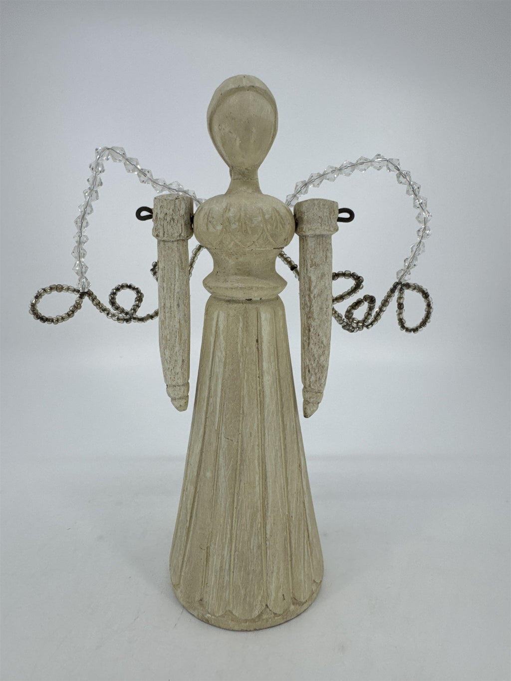 Vintage Wood Art Angel Figurine W/ Movable Arms And Beaded Wings *Repaired
