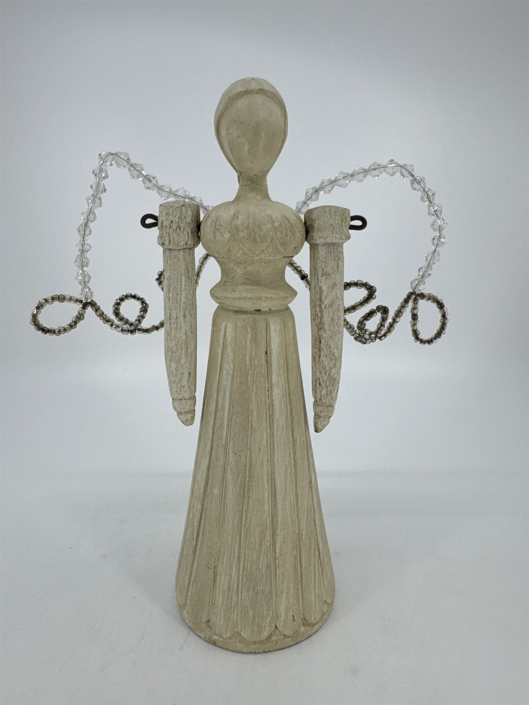 Vintage Wood Art Angel Figurine W/ Movable Arms And Beaded Wings *Repaired