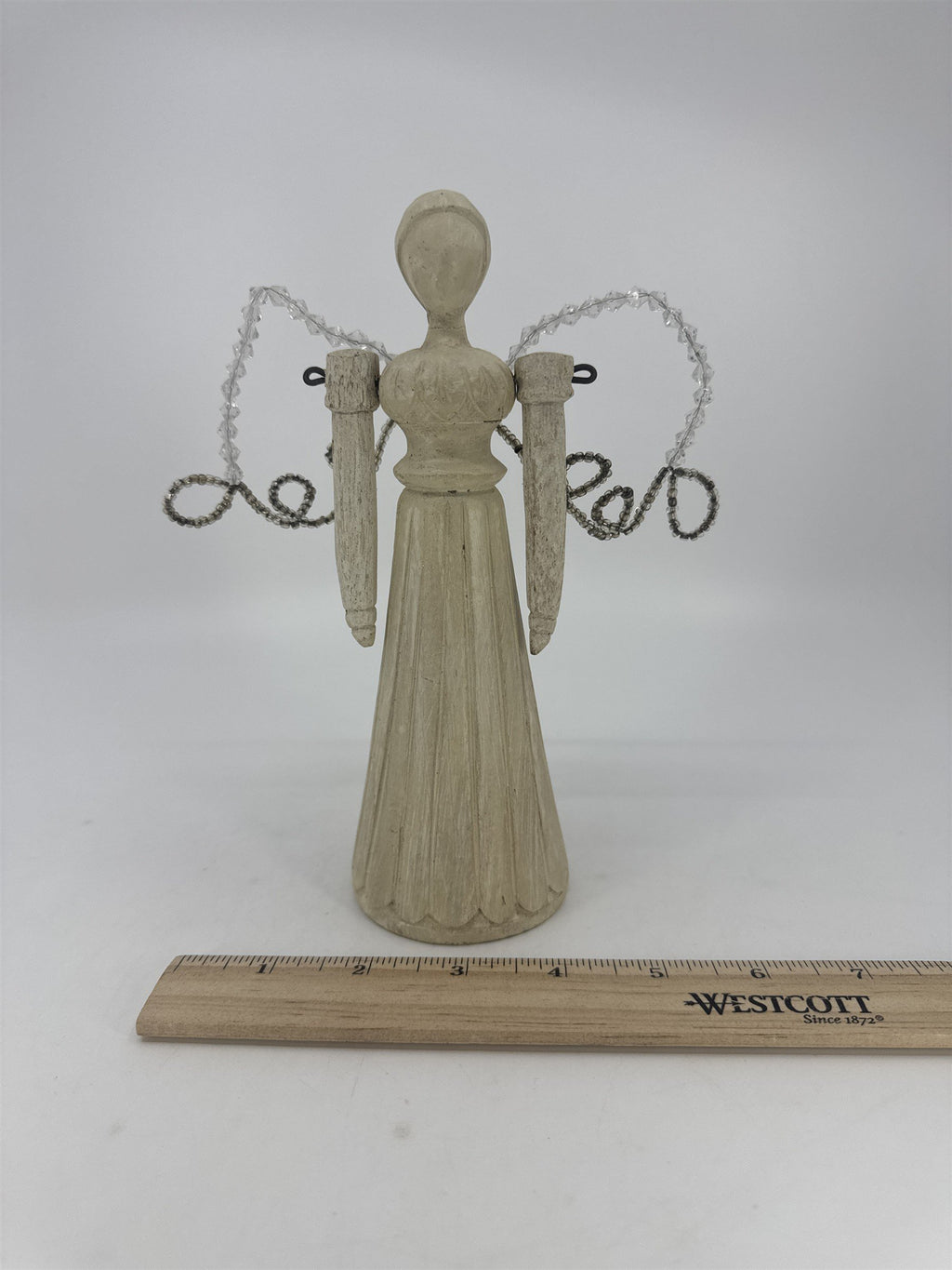 Vintage Wood Art Angel Figurine W/ Movable Arms And Beaded Wings *Repaired
