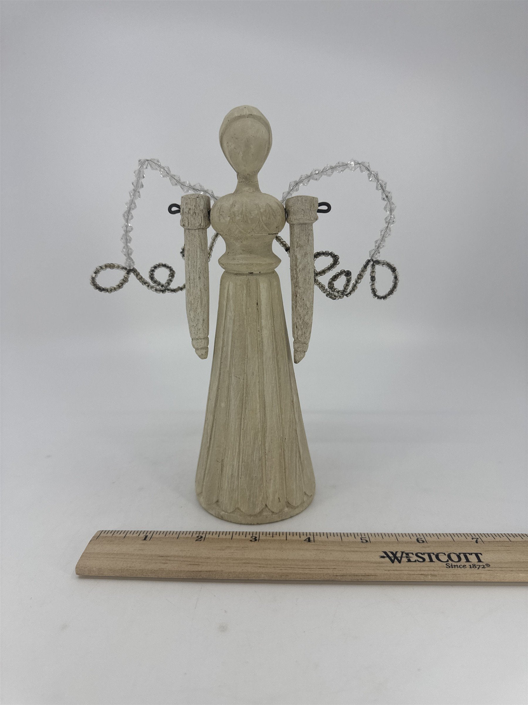 Vintage Wood Art Angel Figurine W/ Movable Arms And Beaded Wings *Repaired
