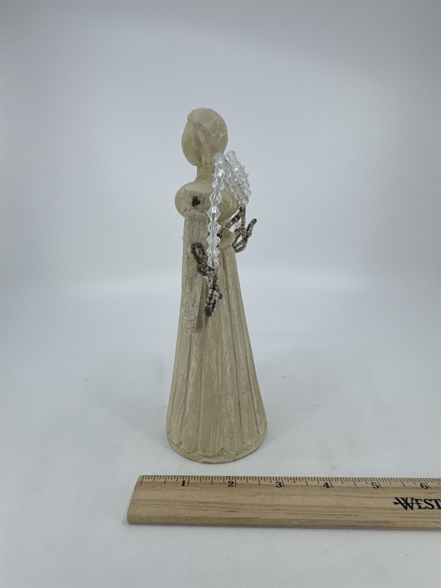 Vintage Wood Art Angel Figurine W/ Movable Arms And Beaded Wings *Repaired