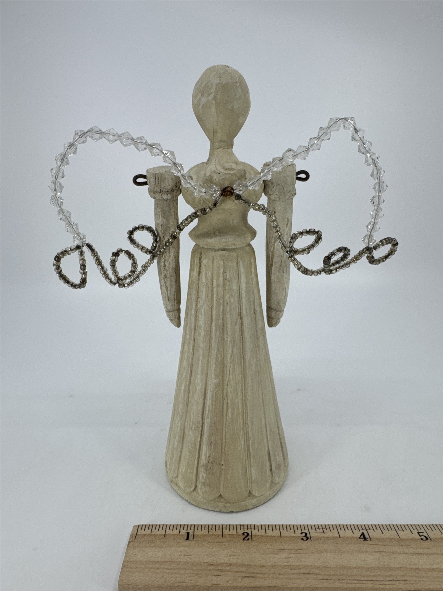 Vintage Wood Art Angel Figurine W/ Movable Arms And Beaded Wings *Repaired