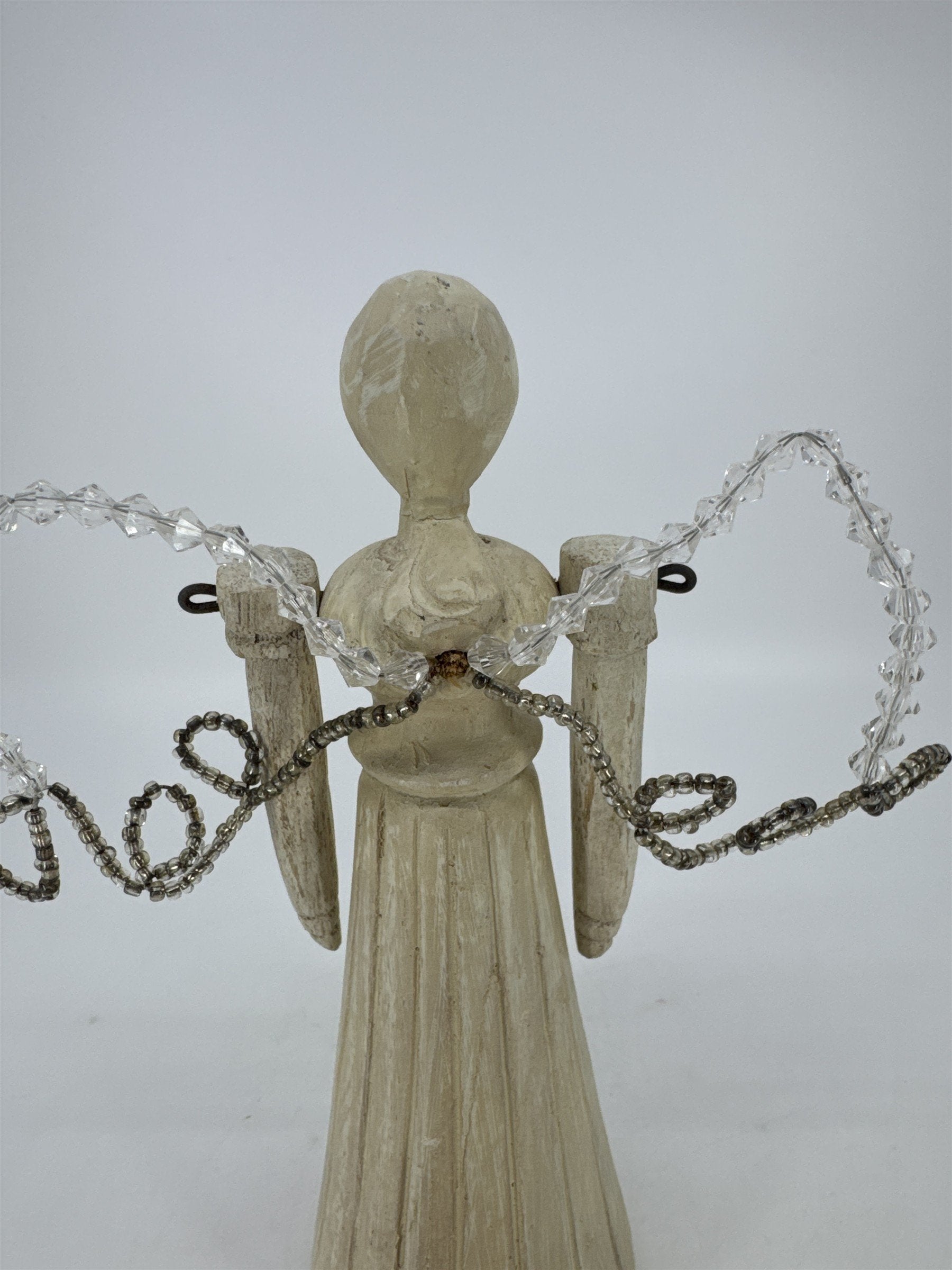 Vintage Wood Art Angel Figurine W/ Movable Arms And Beaded Wings *Repaired