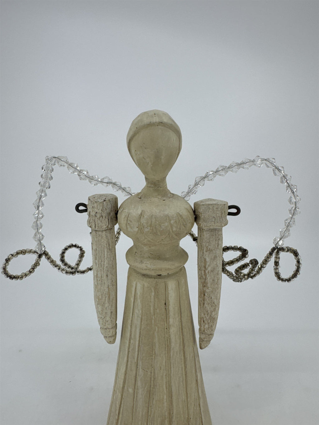 Vintage Wood Art Angel Figurine W/ Movable Arms And Beaded Wings *Repaired