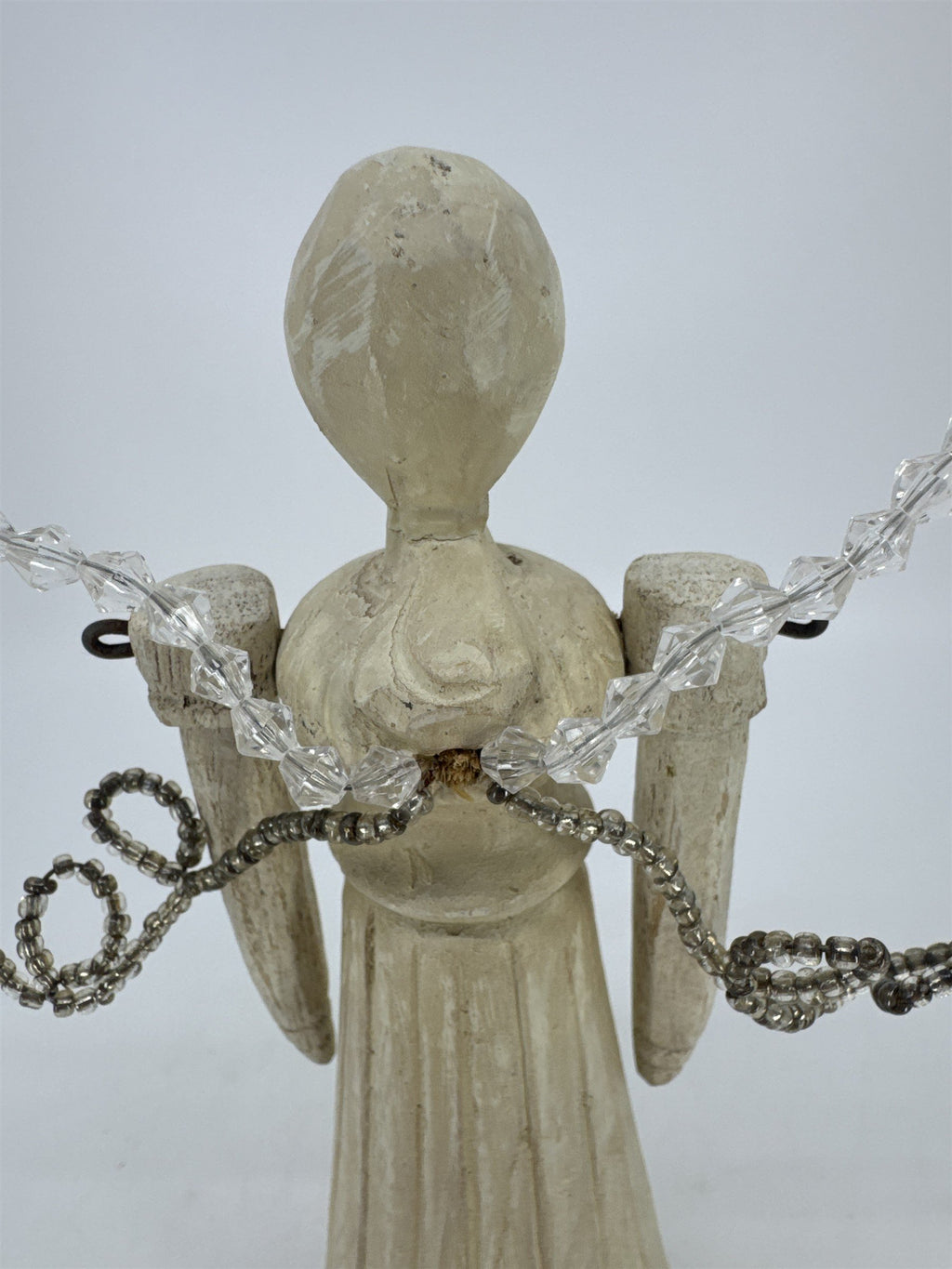 Vintage Wood Art Angel Figurine W/ Movable Arms And Beaded Wings *Repaired