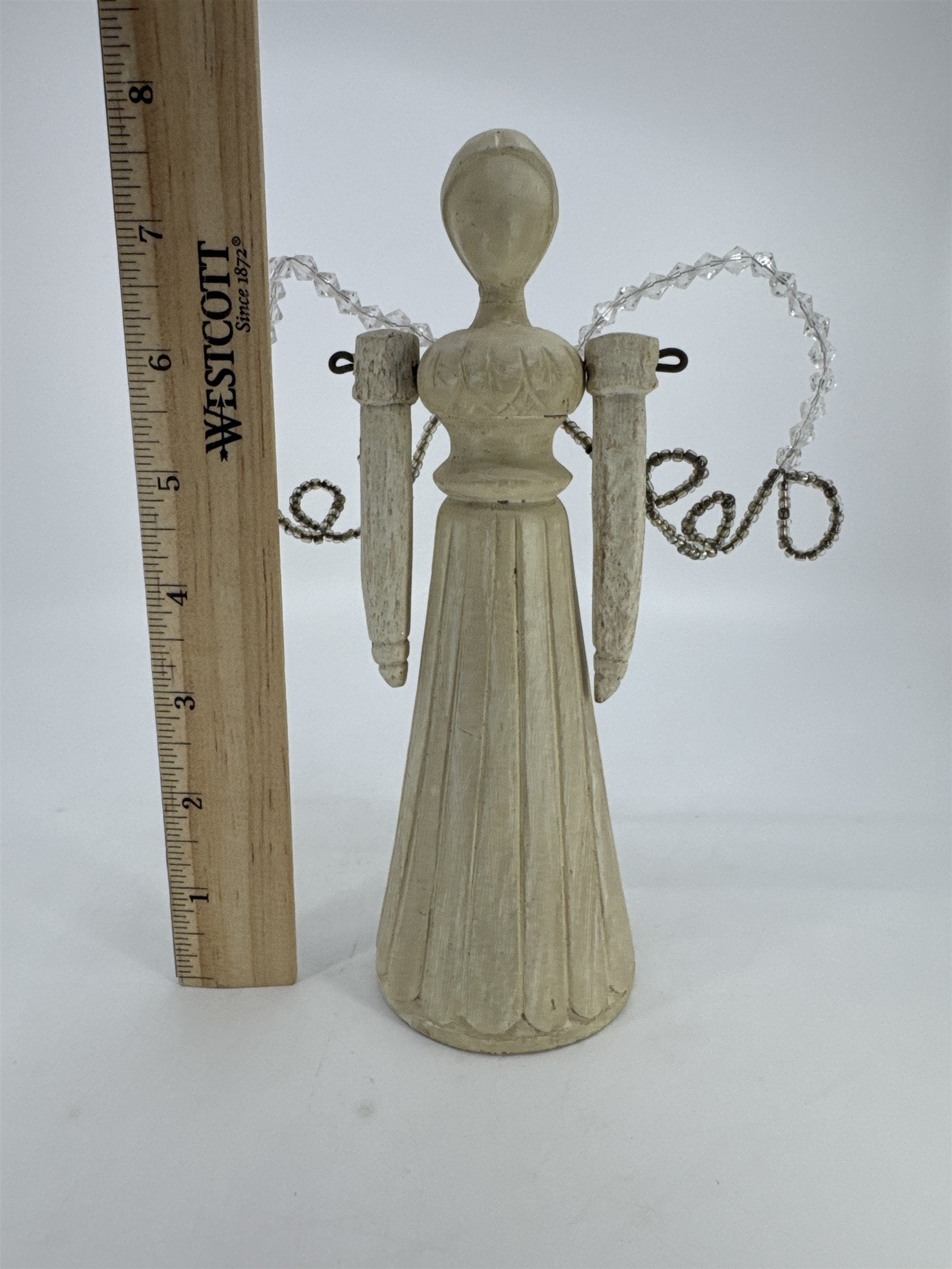 Vintage Wood Art Angel Figurine W/ Movable Arms And Beaded Wings *Repaired
