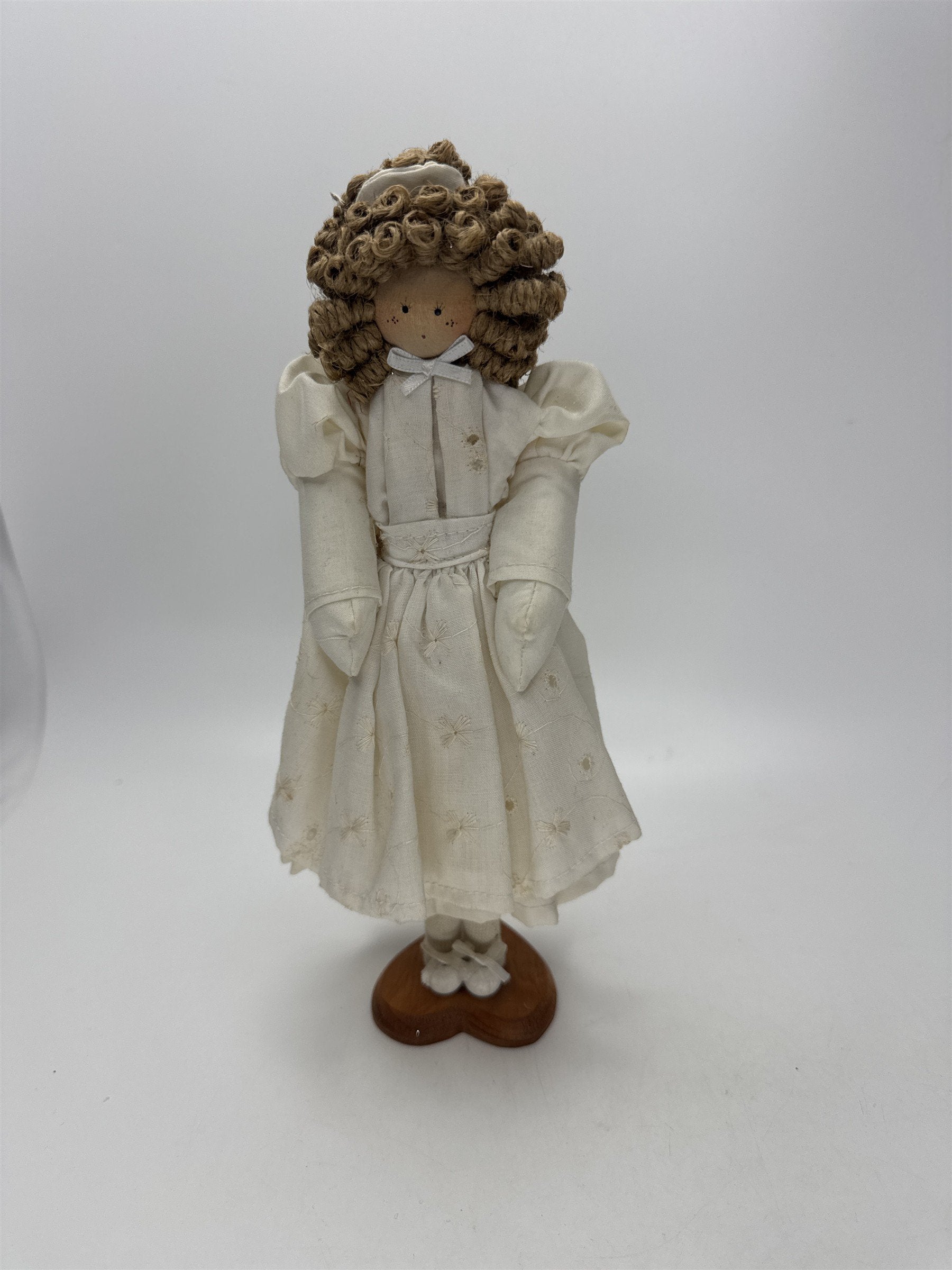 9.5" Curly Hair Cloth Doll Heart Wood Stand Vintage Figurine Farmhouse Decor