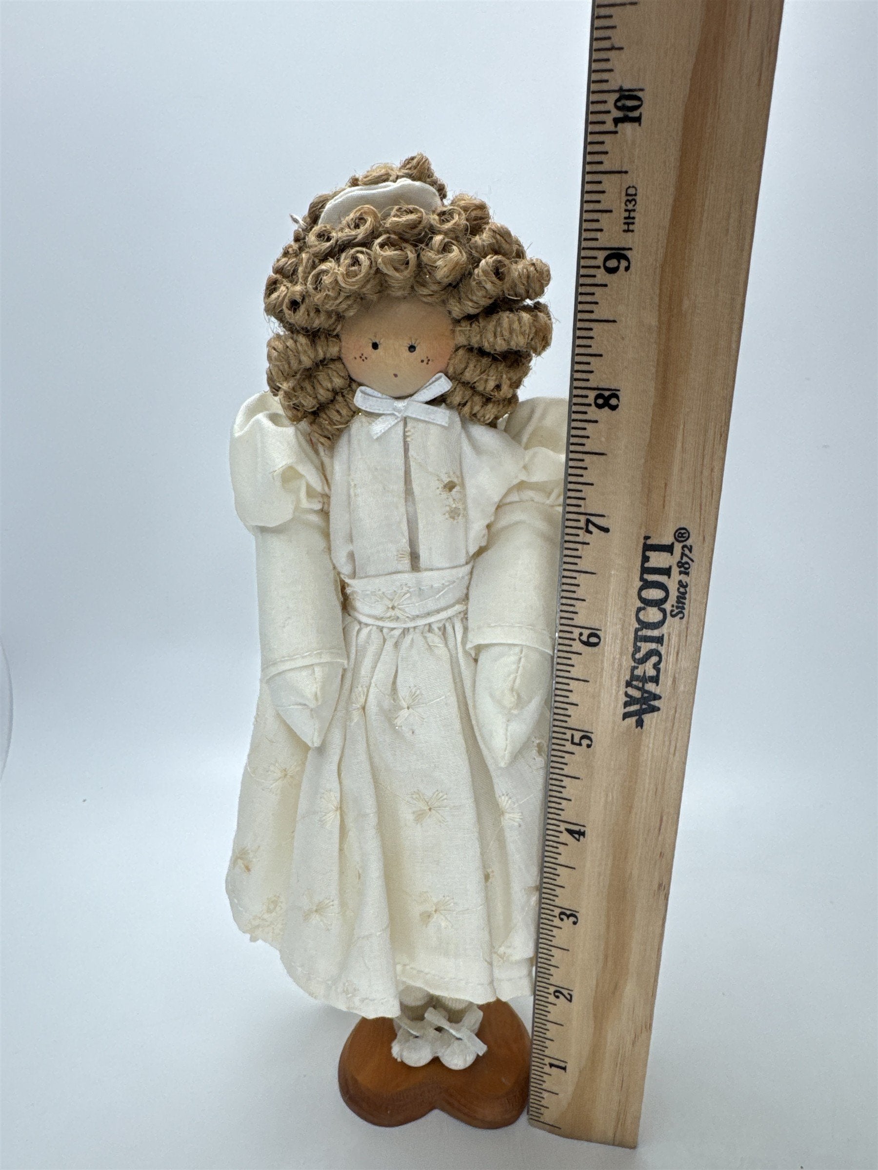9.5" Curly Hair Cloth Doll Heart Wood Stand Vintage Figurine Farmhouse Decor
