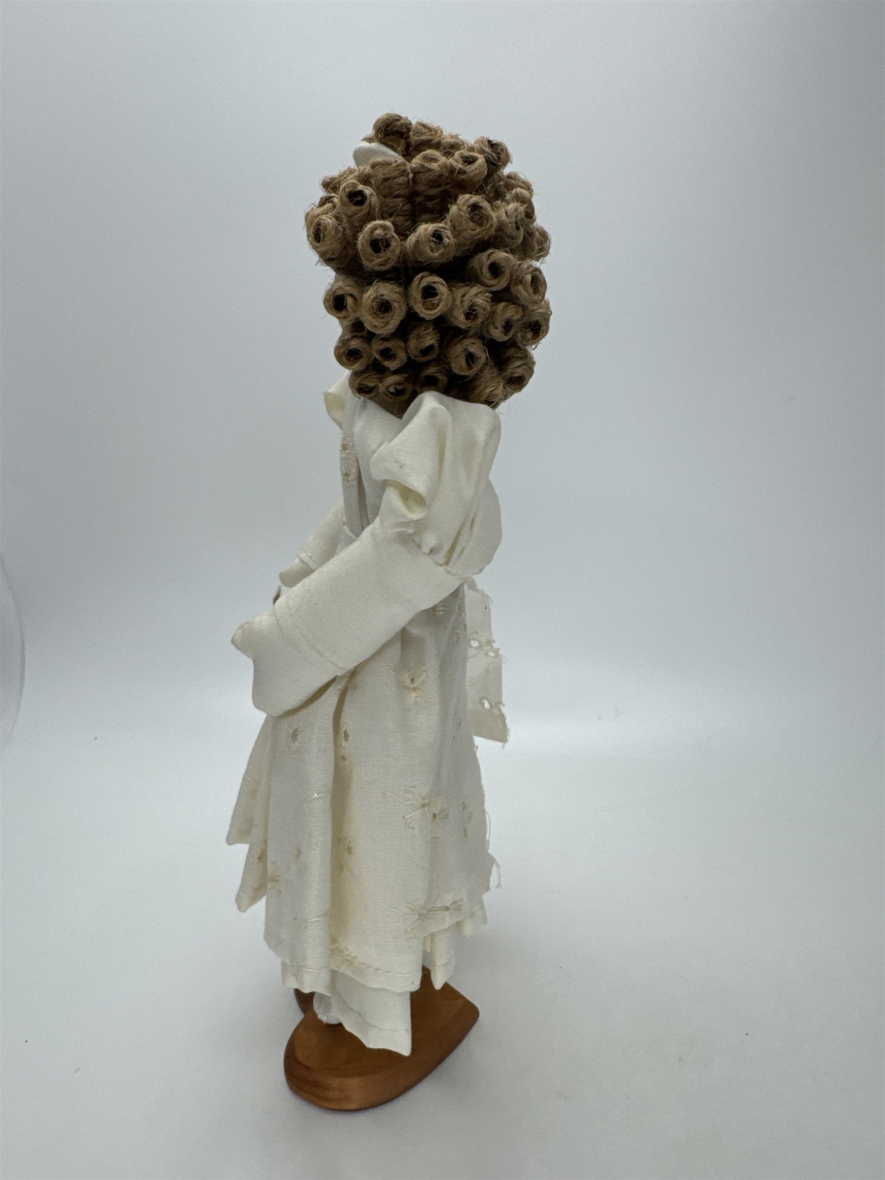 9.5" Curly Hair Cloth Doll Heart Wood Stand Vintage Figurine Farmhouse Decor
