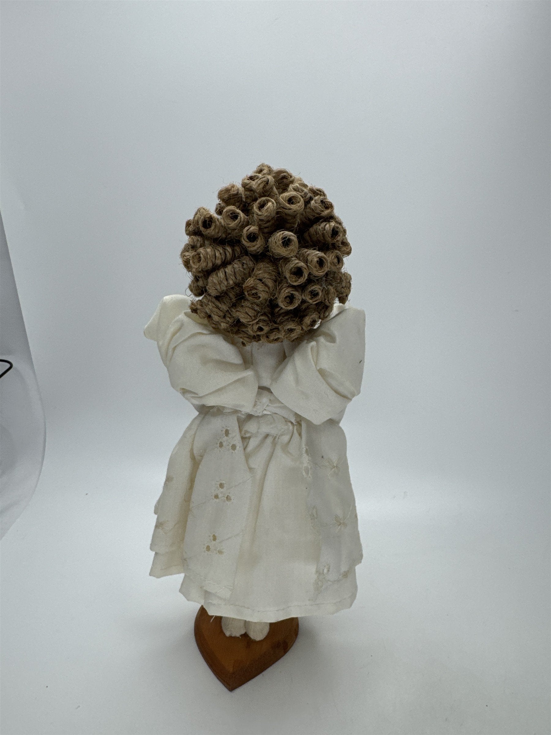 9.5" Curly Hair Cloth Doll Heart Wood Stand Vintage Figurine Farmhouse Decor