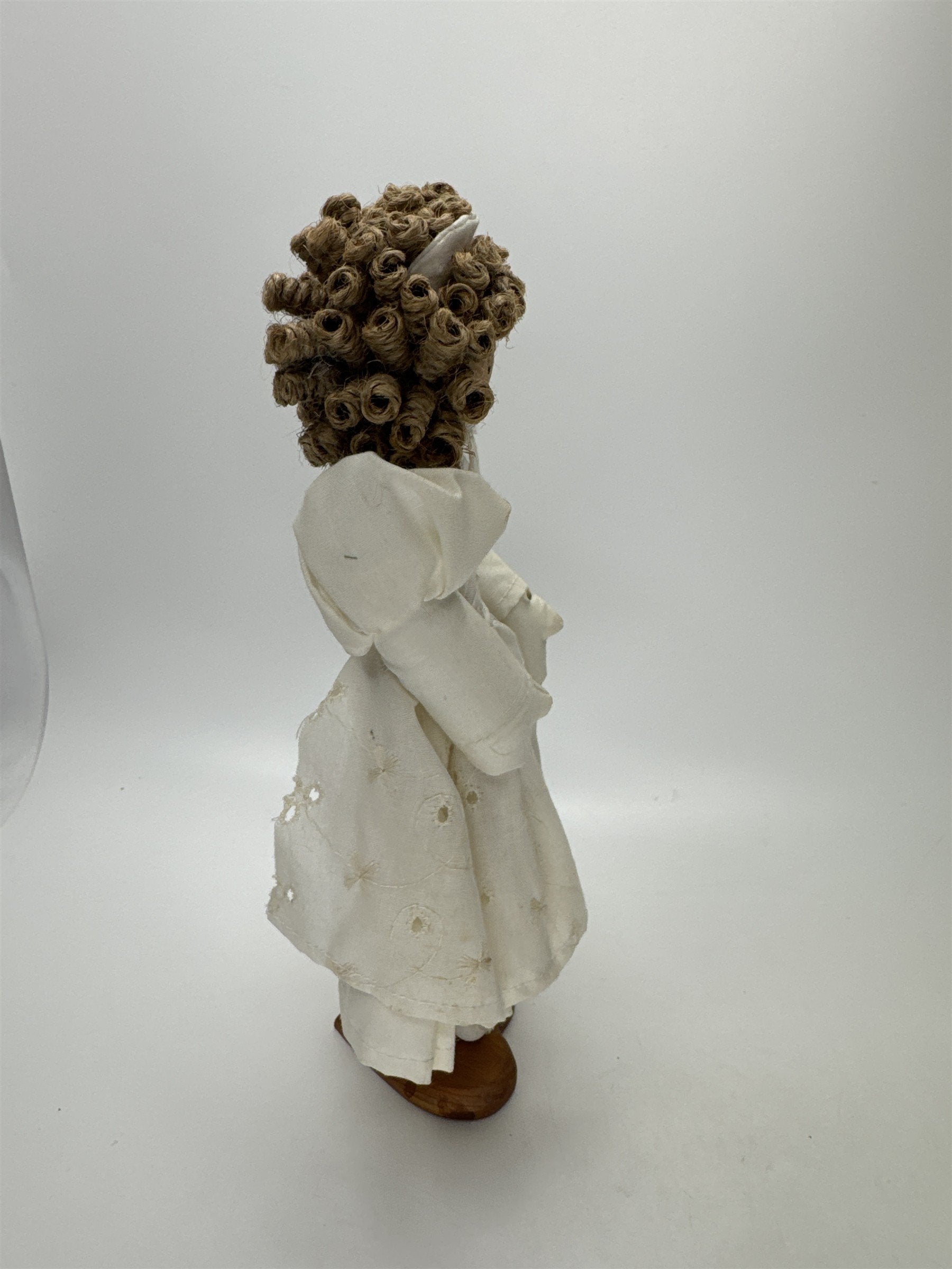 9.5" Curly Hair Cloth Doll Heart Wood Stand Vintage Figurine Farmhouse Decor