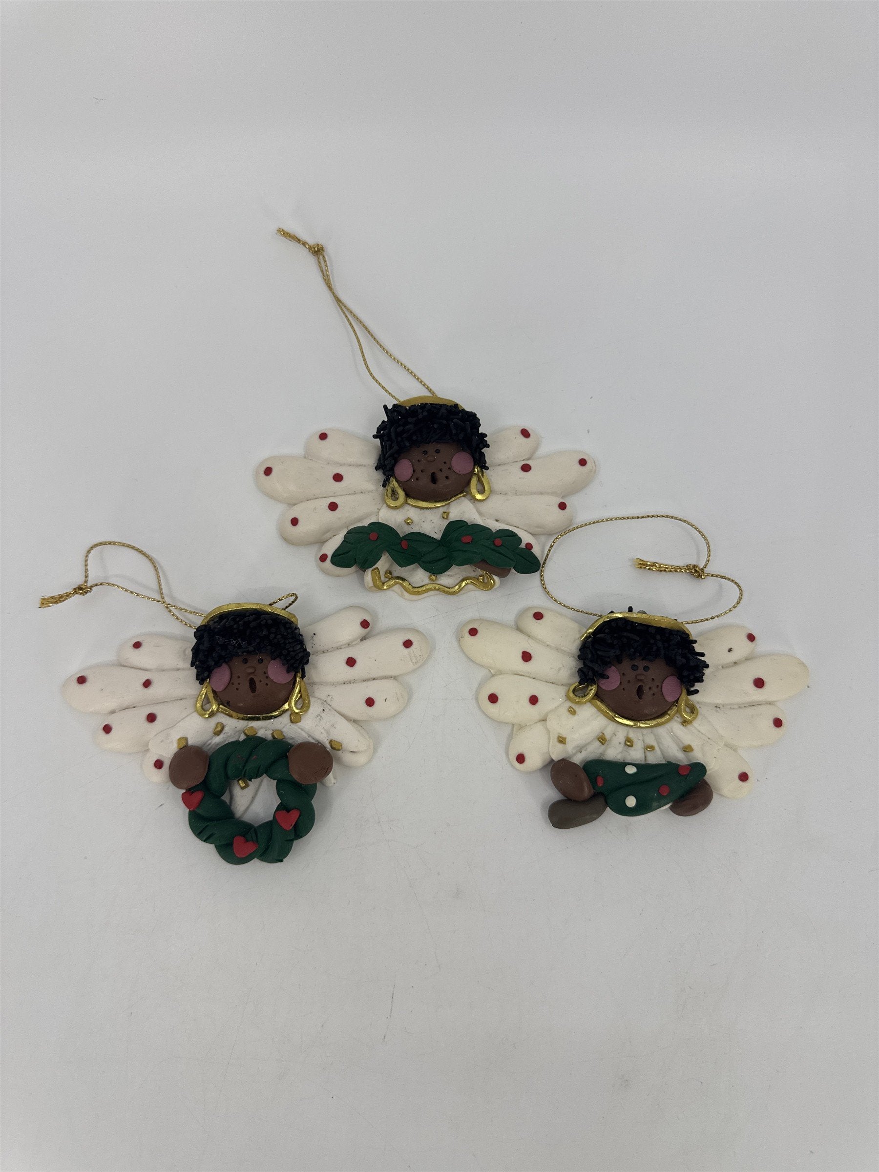 Set Of Three Black Singing Angel Clay Christmas Ornaments
