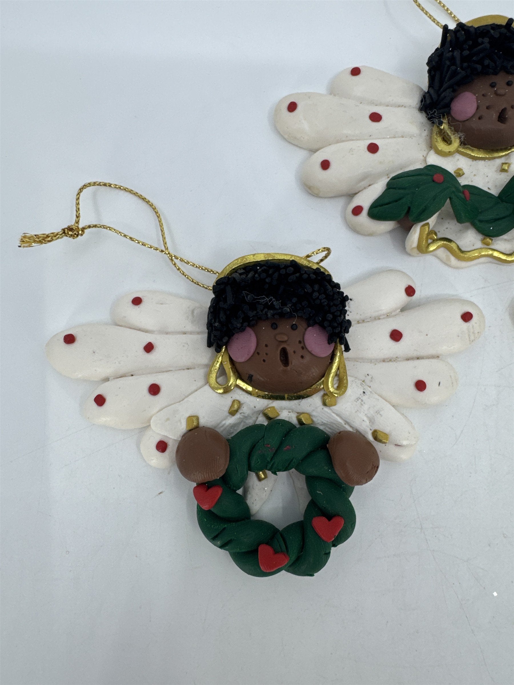 Set Of Three Black Singing Angel Clay Christmas Ornaments