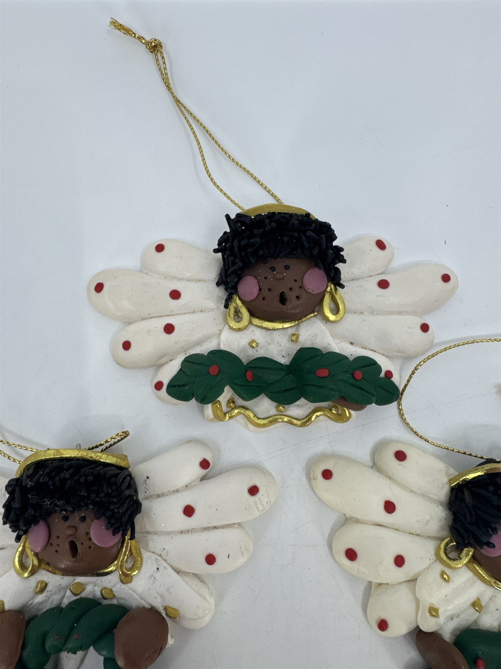 Set Of Three Black Singing Angel Clay Christmas Ornaments