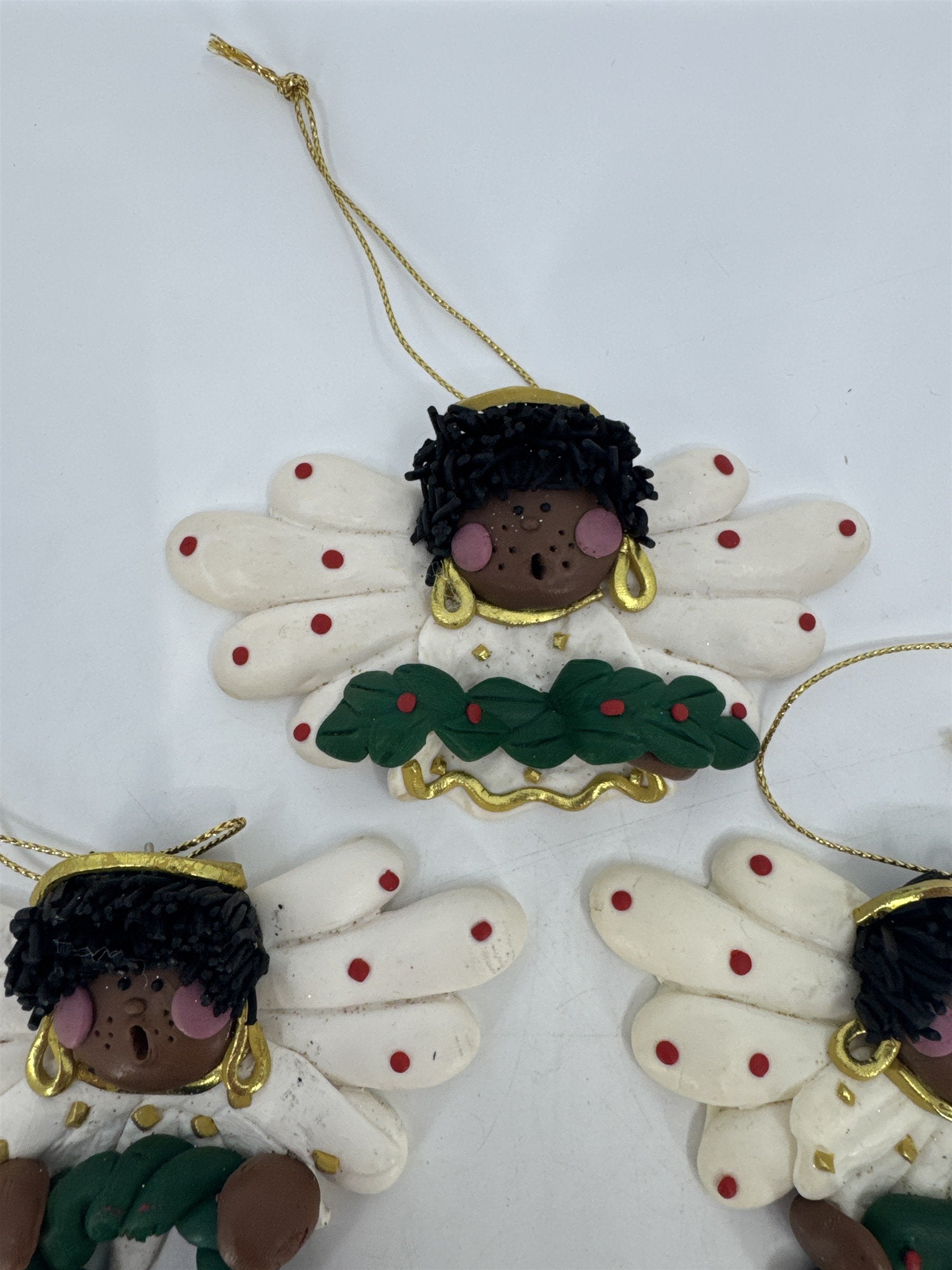 Set Of Three Black Singing Angel Clay Christmas Ornaments