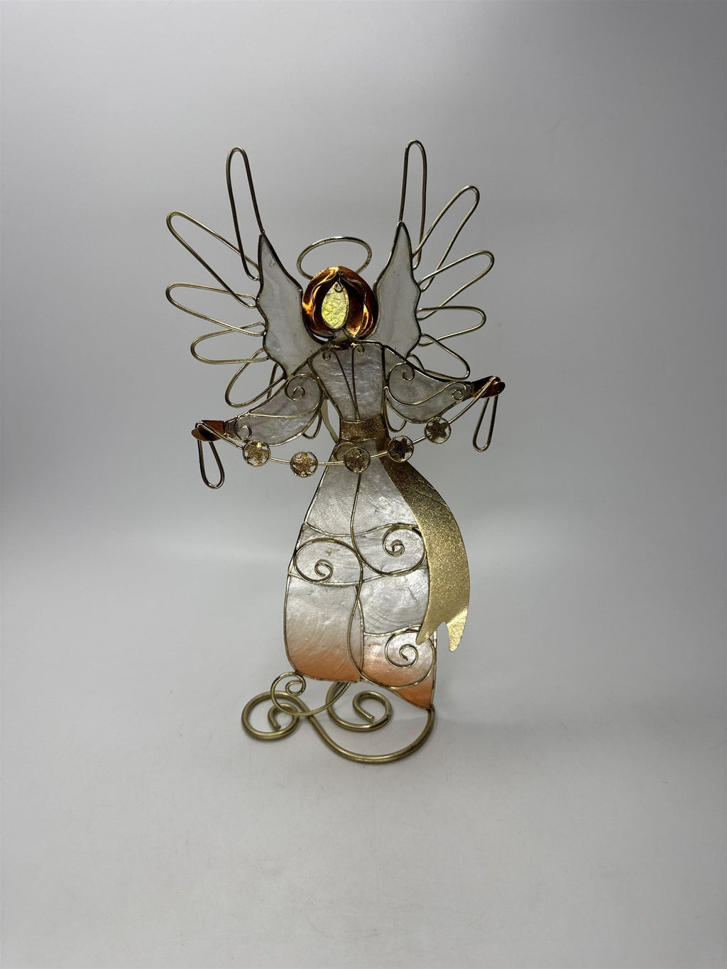 Wire Angel Figurine Gold Metal Capiz Shell Christmas Tabletop Ornament
