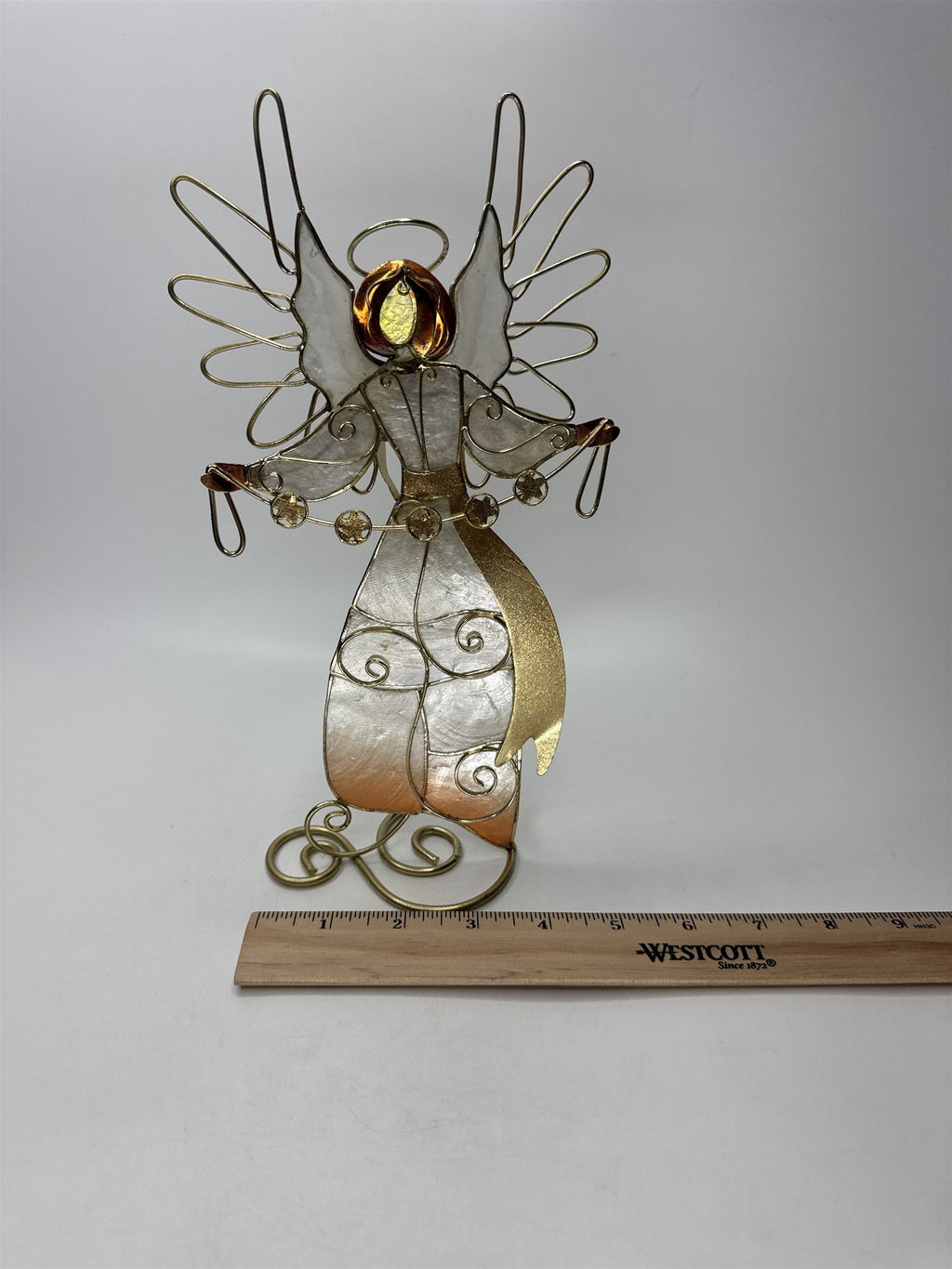 Wire Angel Figurine Gold Metal Capiz Shell Christmas Tabletop Ornament