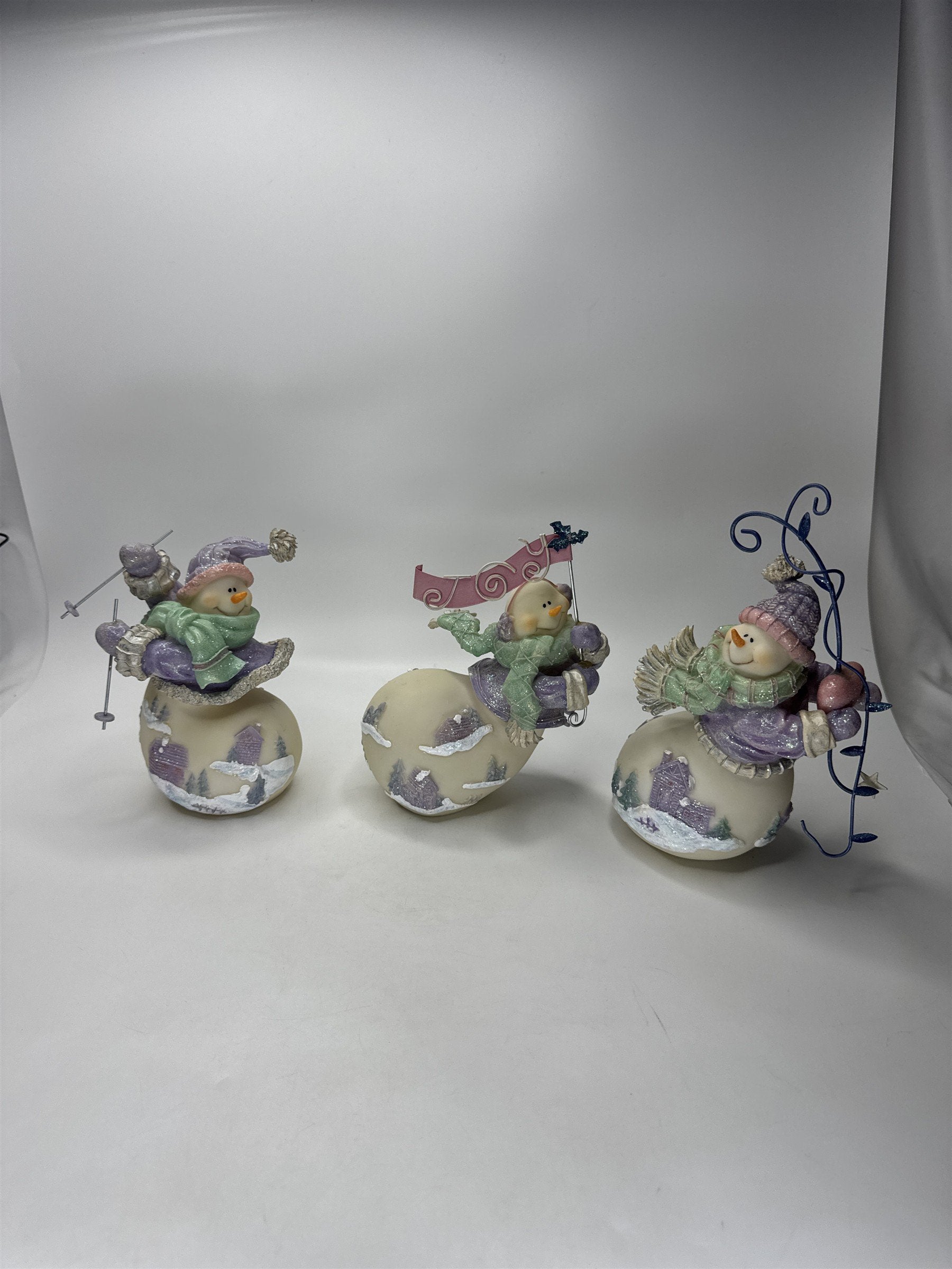 SET 3 Home Interiors Snowmen Figurine Skiing Skating Christmas Winter 56042