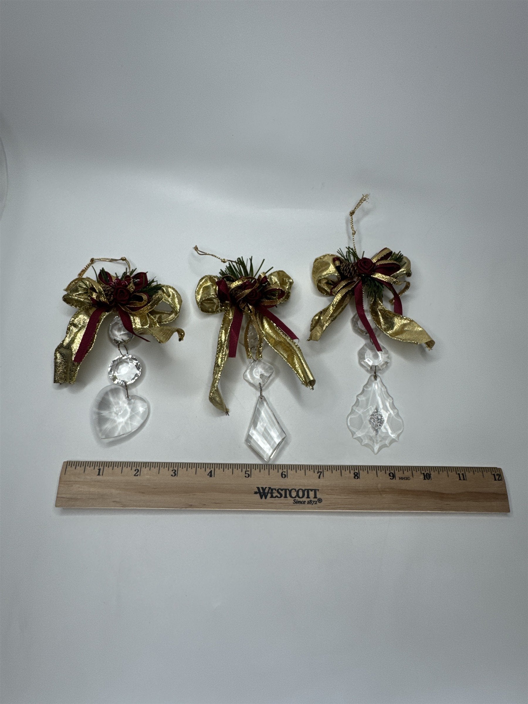 Home Interiors Ornament Set 3pc Gold Bow Crystal Sun Catcher Christmas Decor