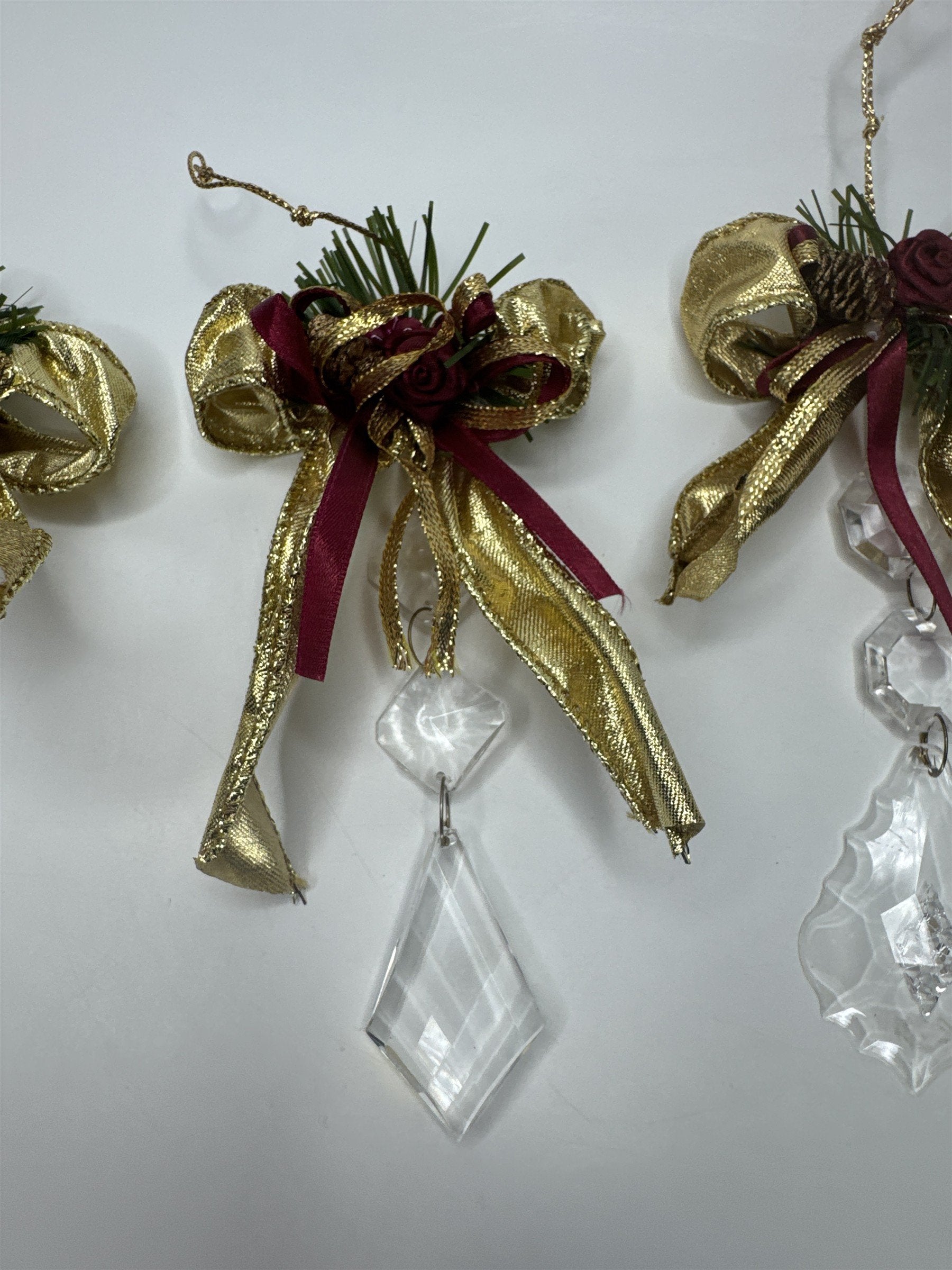Home Interiors Ornament Set 3pc Gold Bow Crystal Sun Catcher Christmas Decor