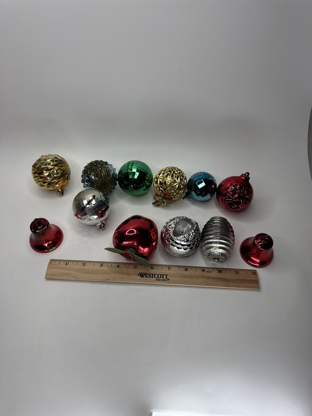 Lot 12 Vtg Plastic Christmas Ornaments Disco Ball Molded Red Green Gold