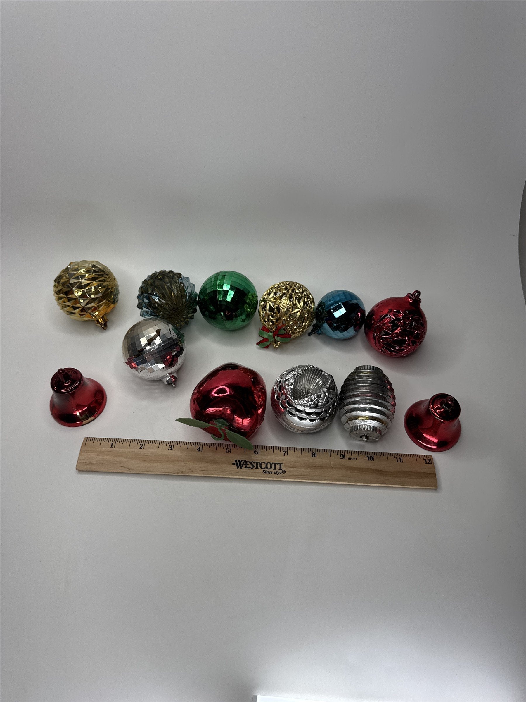 Lot 12 Vtg Plastic Christmas Ornaments Disco Ball Molded Red Green Gold