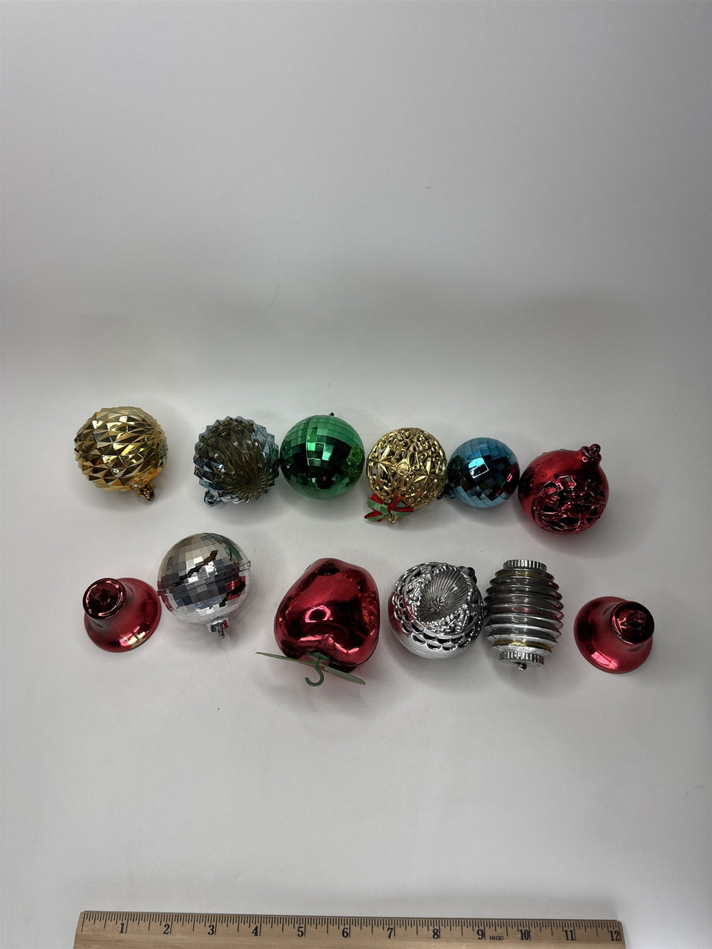 Lot 12 Vtg Plastic Christmas Ornaments Disco Ball Molded Red Green Gold