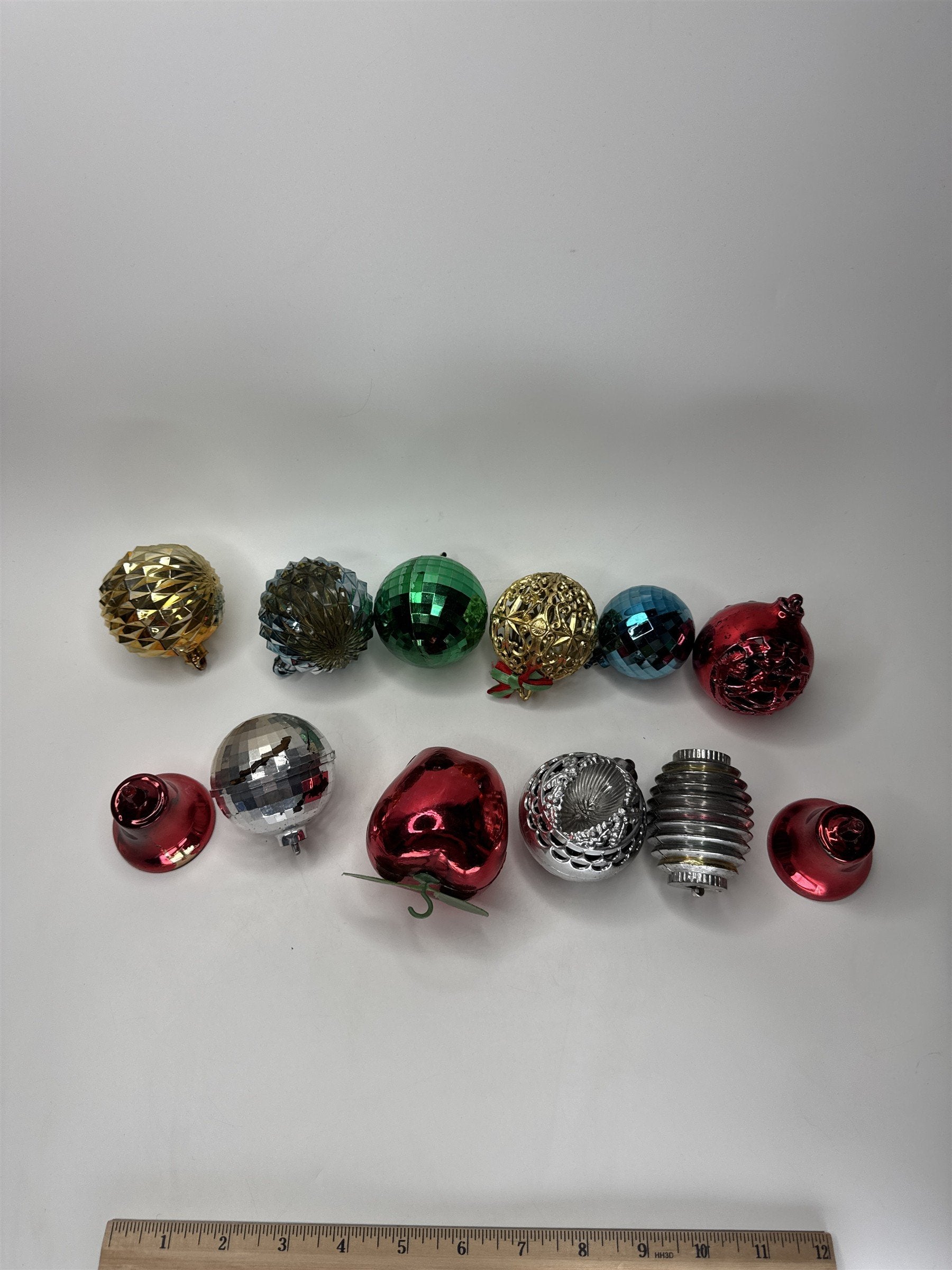 Lot 12 Vtg Plastic Christmas Ornaments Disco Ball Molded Red Green Gold