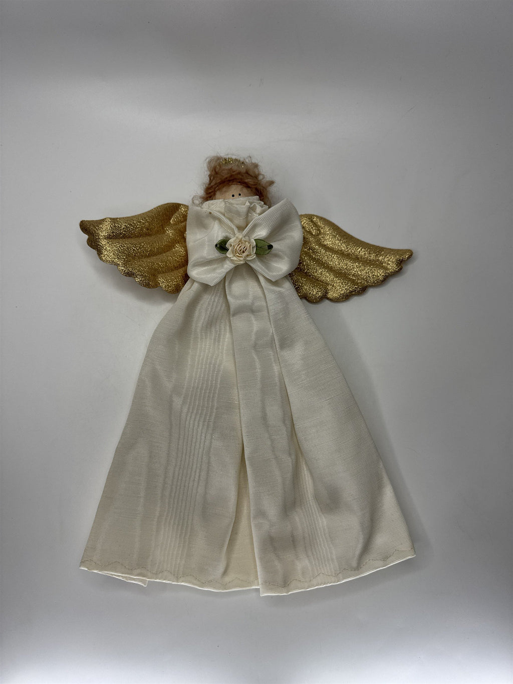 Christmas Angel Tree Topper Figurine Gold Fabric Wings Cream Dress Holiday