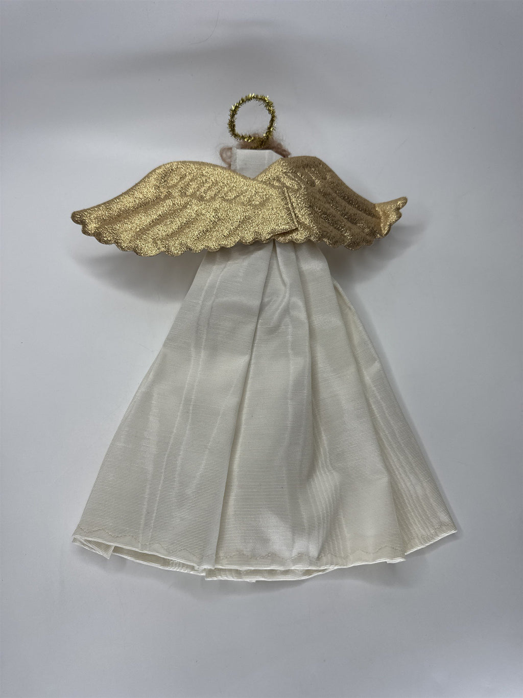 Christmas Angel Tree Topper Figurine Gold Fabric Wings Cream Dress Holiday