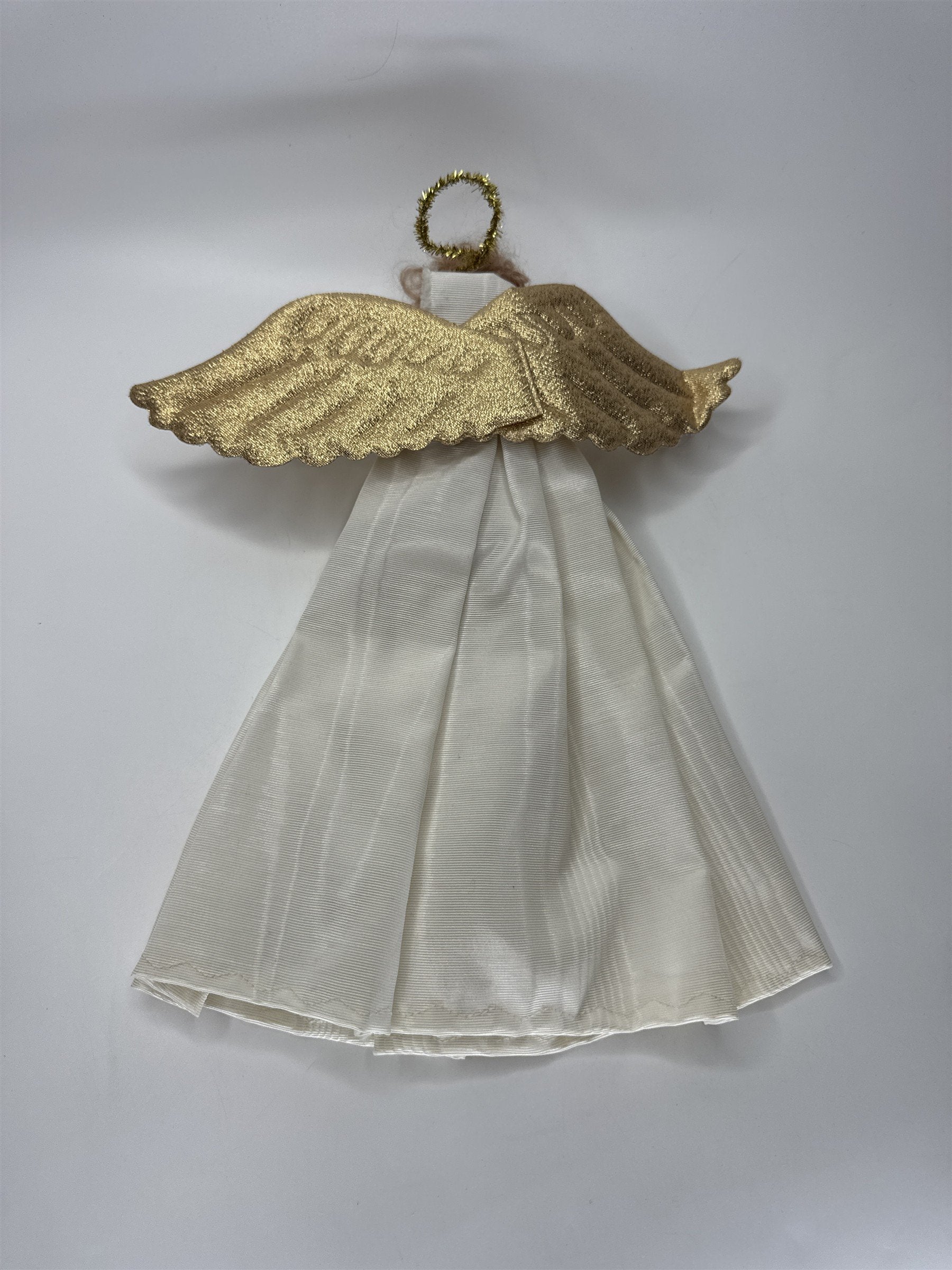 Christmas Angel Tree Topper Figurine Gold Fabric Wings Cream Dress Holiday