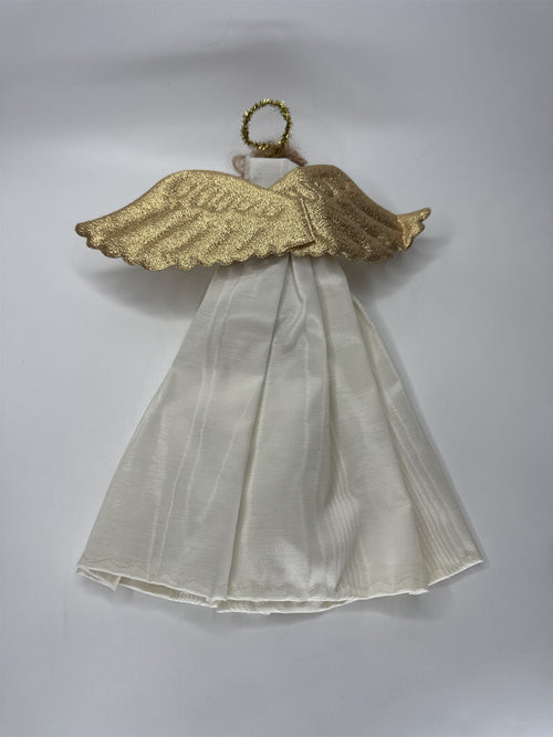Christmas Angel Tree Topper Figurine Gold Fabric Wings Cream Dress Holiday
