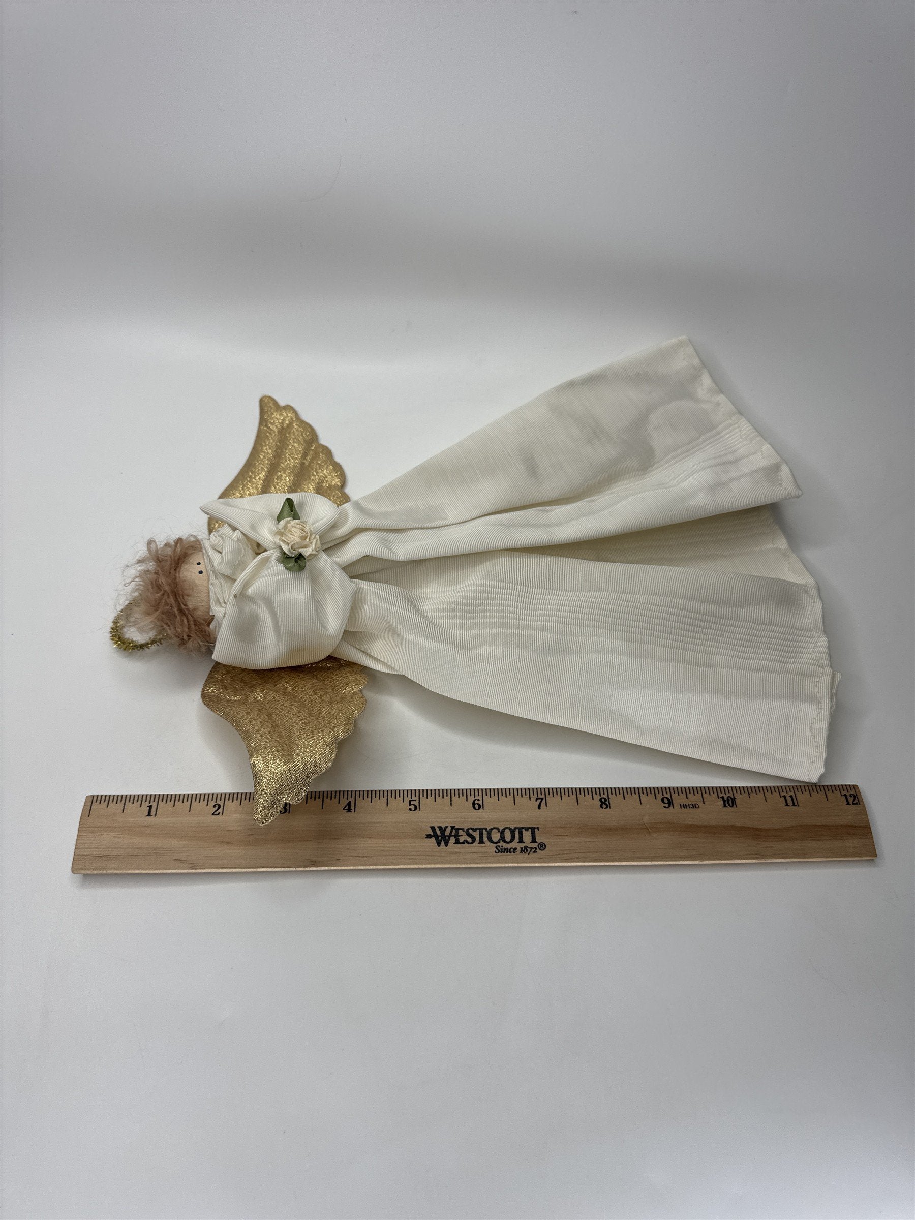 Christmas Angel Tree Topper Figurine Gold Fabric Wings Cream Dress Holiday
