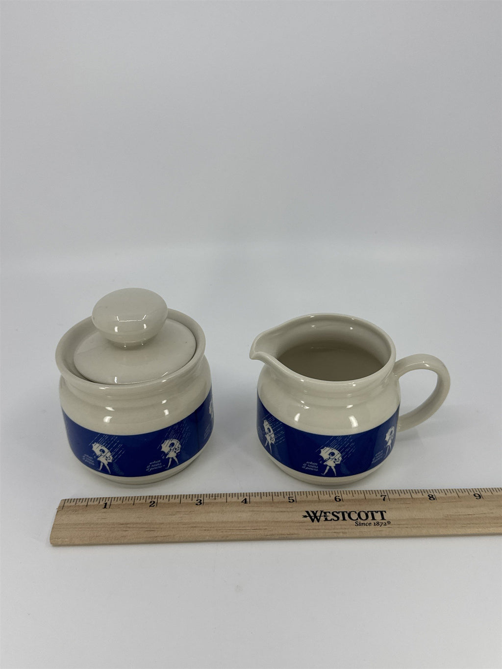 Vintage Morton Salt Umbrella Girl White And Blue Cream And Sugar Set