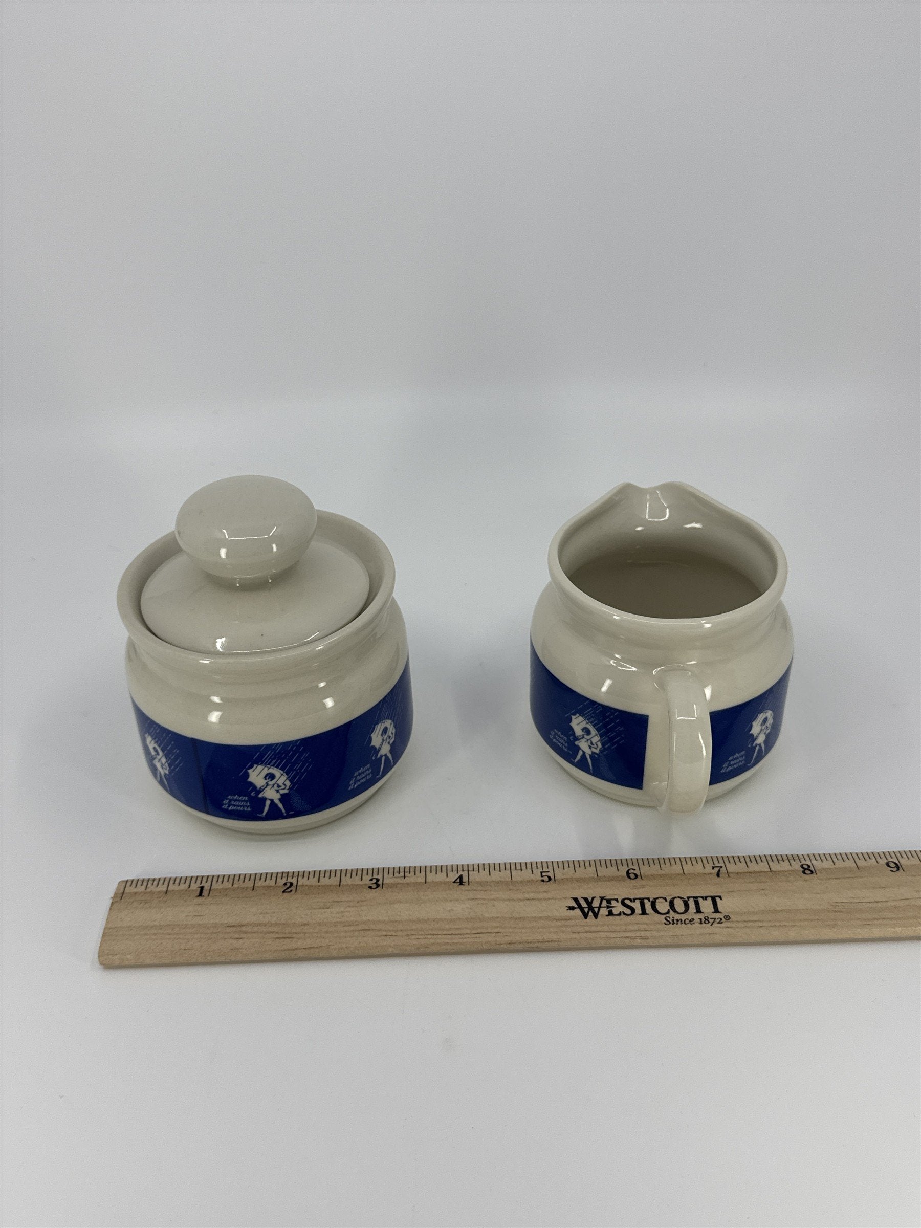 Vintage Morton Salt Umbrella Girl White And Blue Cream And Sugar Set