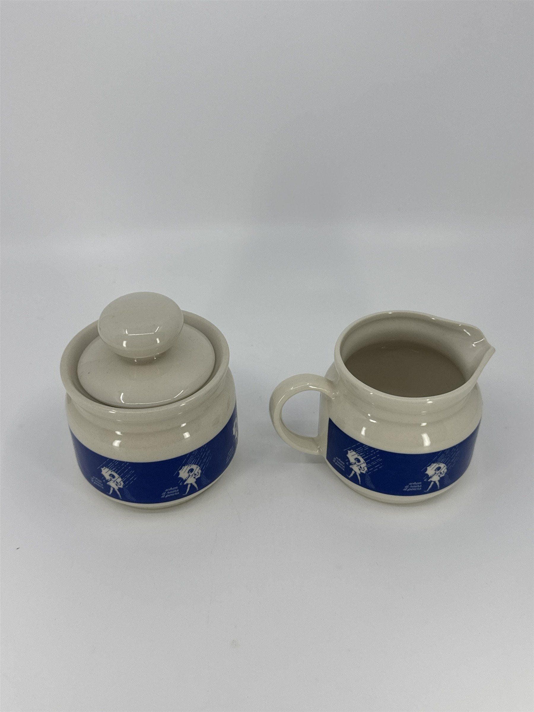 Vintage Morton Salt Umbrella Girl White And Blue Cream And Sugar Set