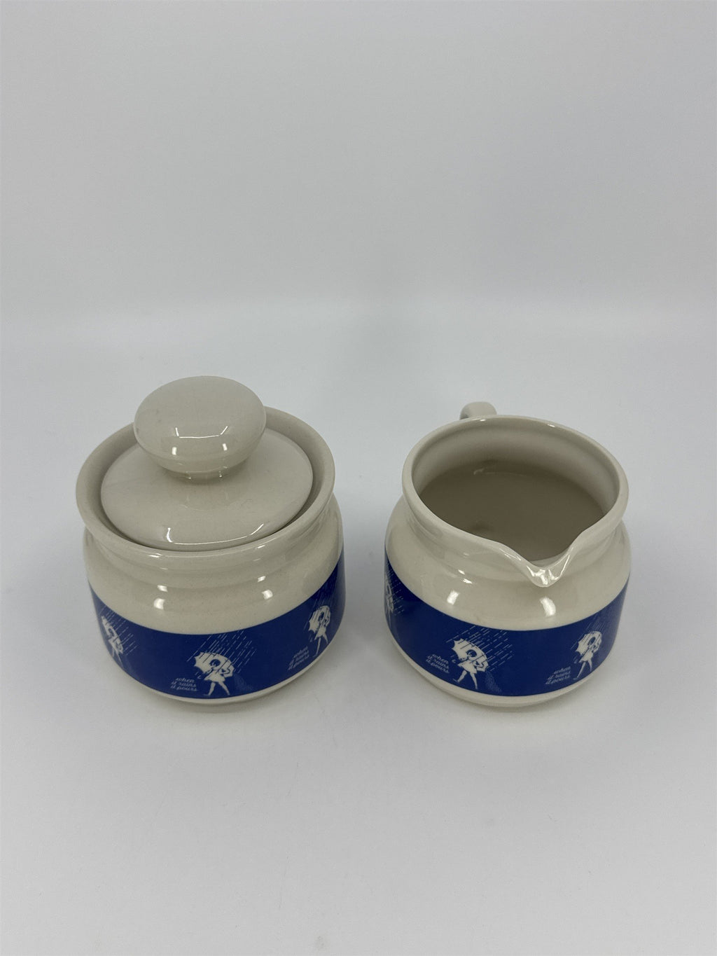 Vintage Morton Salt Umbrella Girl White And Blue Cream And Sugar Set